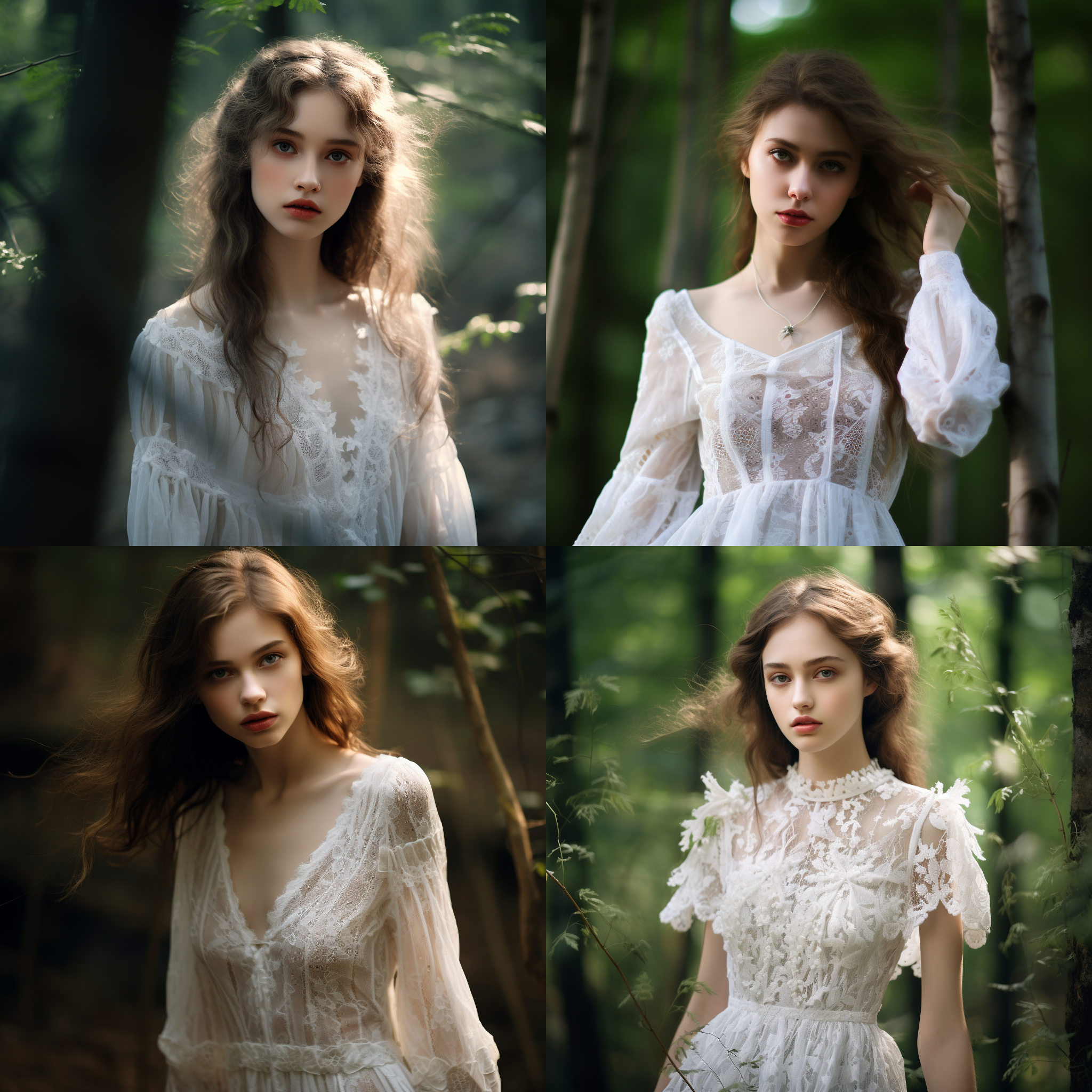 少女穿着蕾丝白裙，站在森林中。对角线布局，高度172厘米，体重52公斤，瘦长身材，1.3米长腿。短发和直发飘舞，深蓝色眼睛。忧郁眼神透露情感。亚洲人，白皙皮肤，高挺鼻梁和厚实嘴唇衬托面容。自然光线照亮，温暖色调，宁静温馨。蕾丝白裙，森林背景，对角线，长腿，深蓝眼睛，忧郁眼神，白皙肌肤，温暖色调。