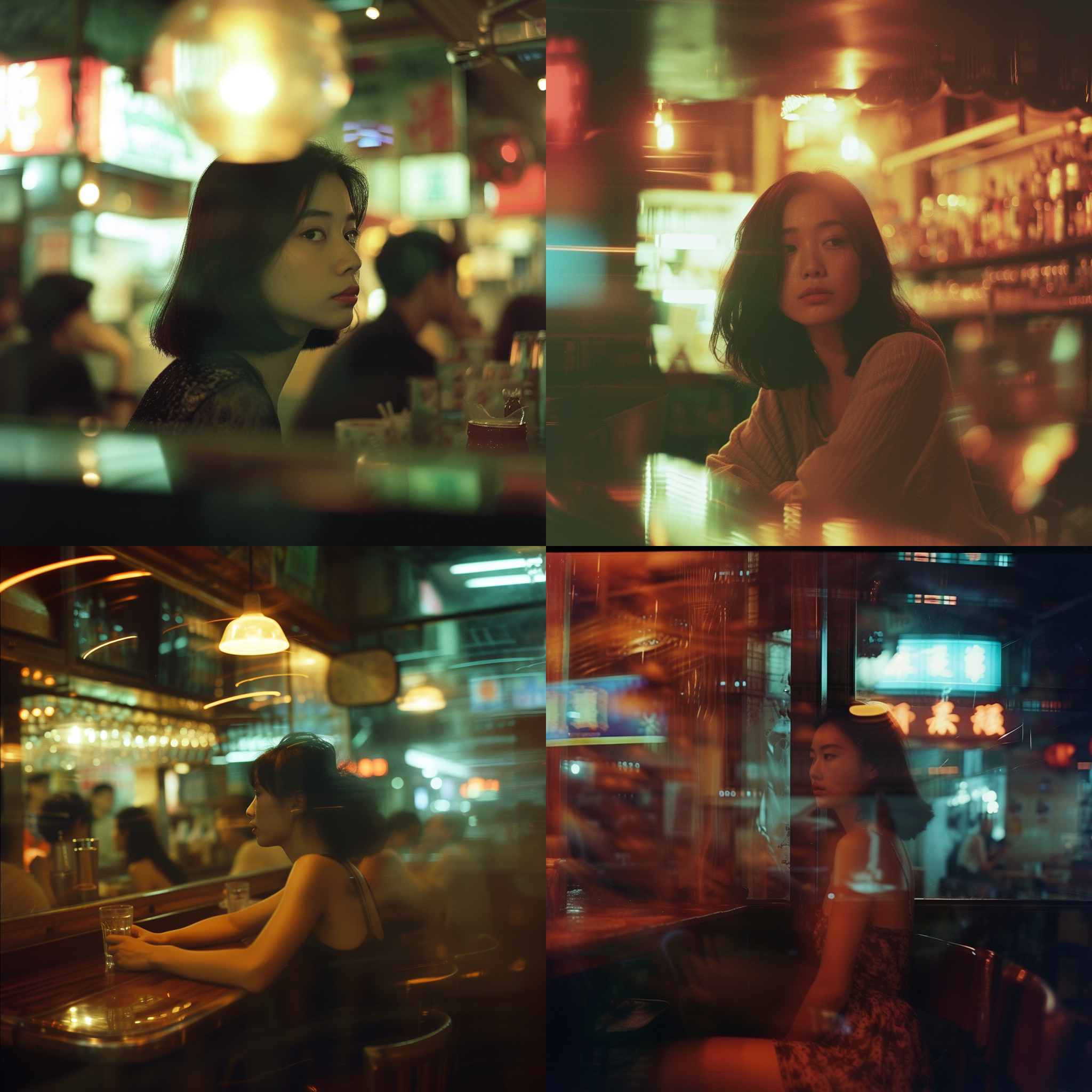 bar, 90s, blurry foreground, with a hong kong female celebrity sitting in the middle shot, shot taking, dynamic composition photography, wong kar wai film style