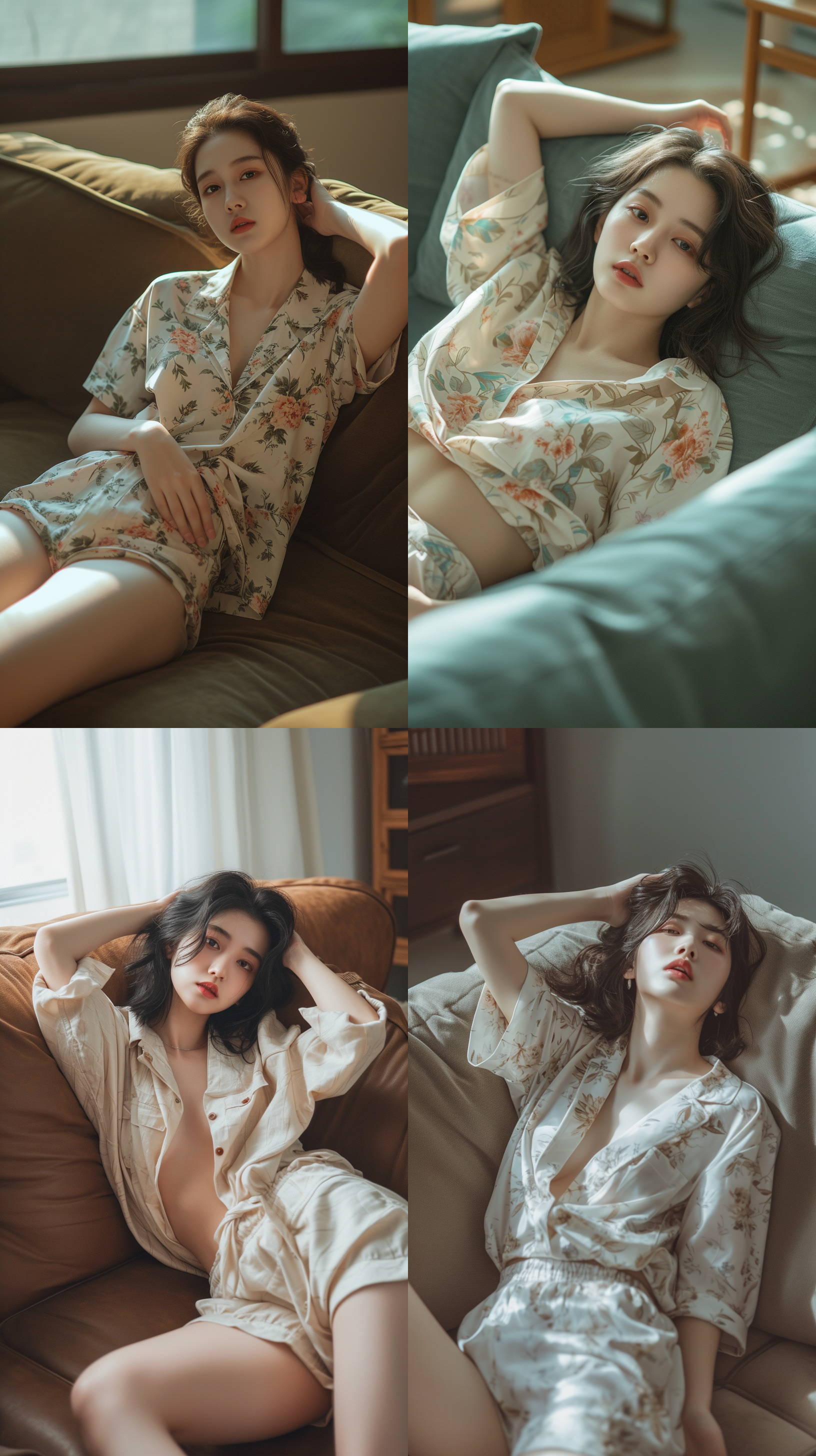 慵懒风中国气质女生室内写真，穿宽松睡衣，短裤，侧躺在沙发上，慵懒，闲适，气质，大师级摄影镜头，大师级摄影角度，全身照，电影感，4k，高清