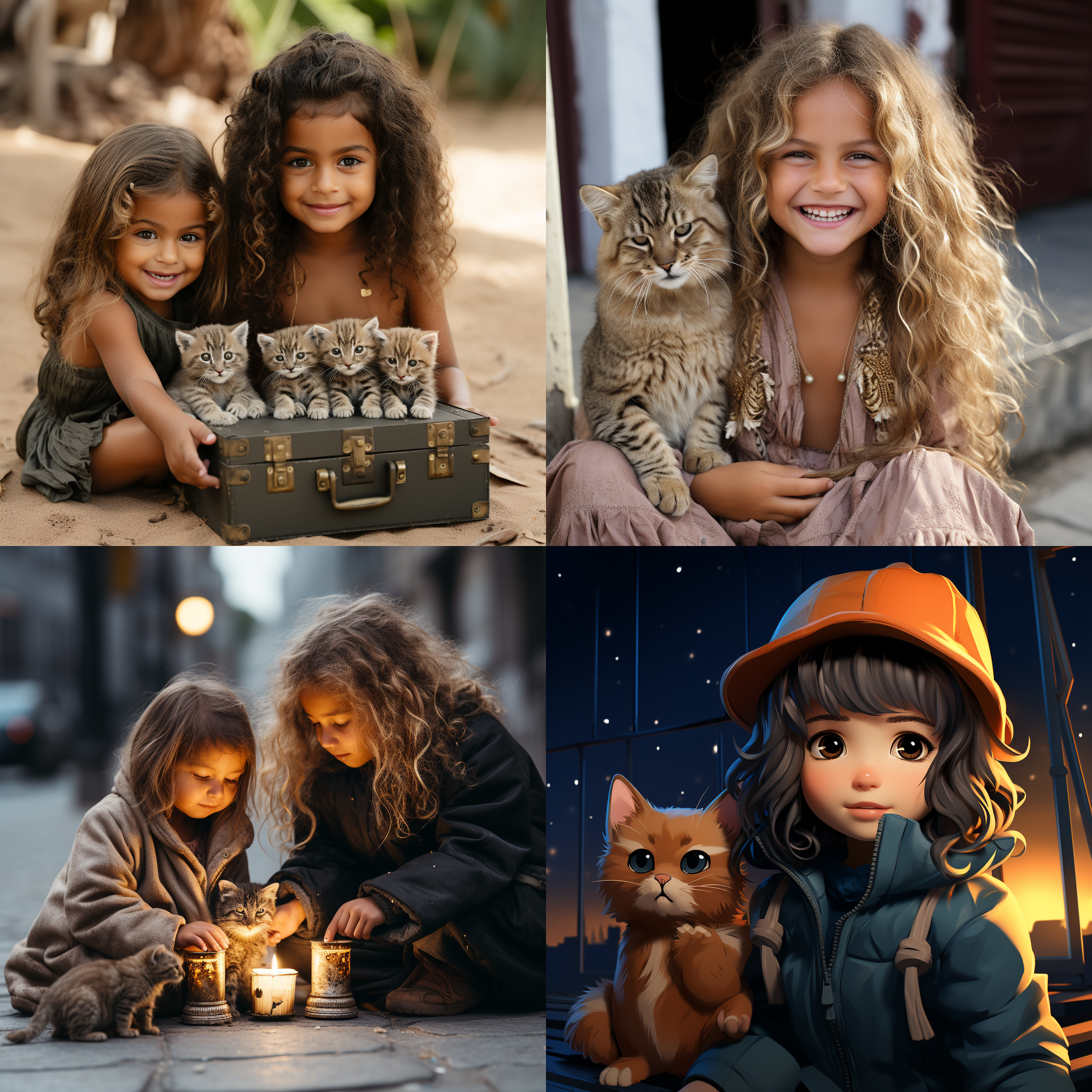 一个可爱的小女孩坐在门槛上玩猫咪