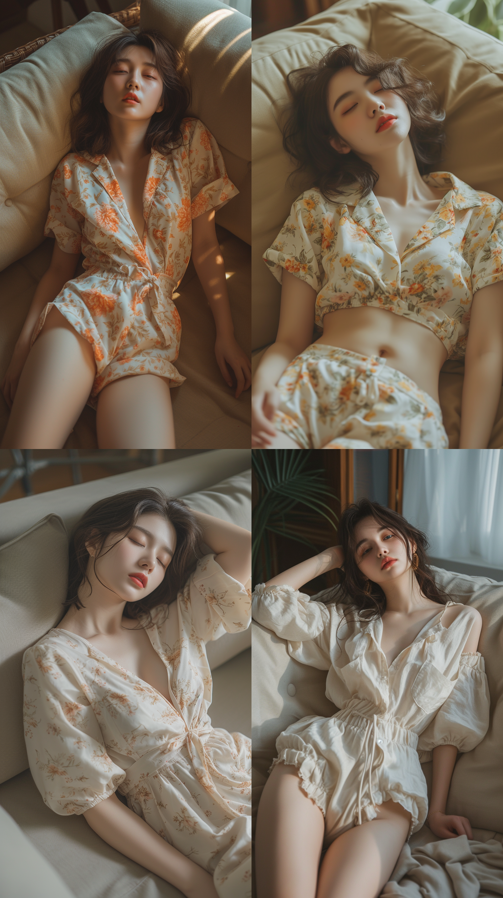 慵懒风中国气质女生室内写真，穿宽松睡衣，短裤，侧躺在沙发上，慵懒，闲适，气质，大师级摄影镜头，大师级摄影角度，全身照，电影感，4k，高清。