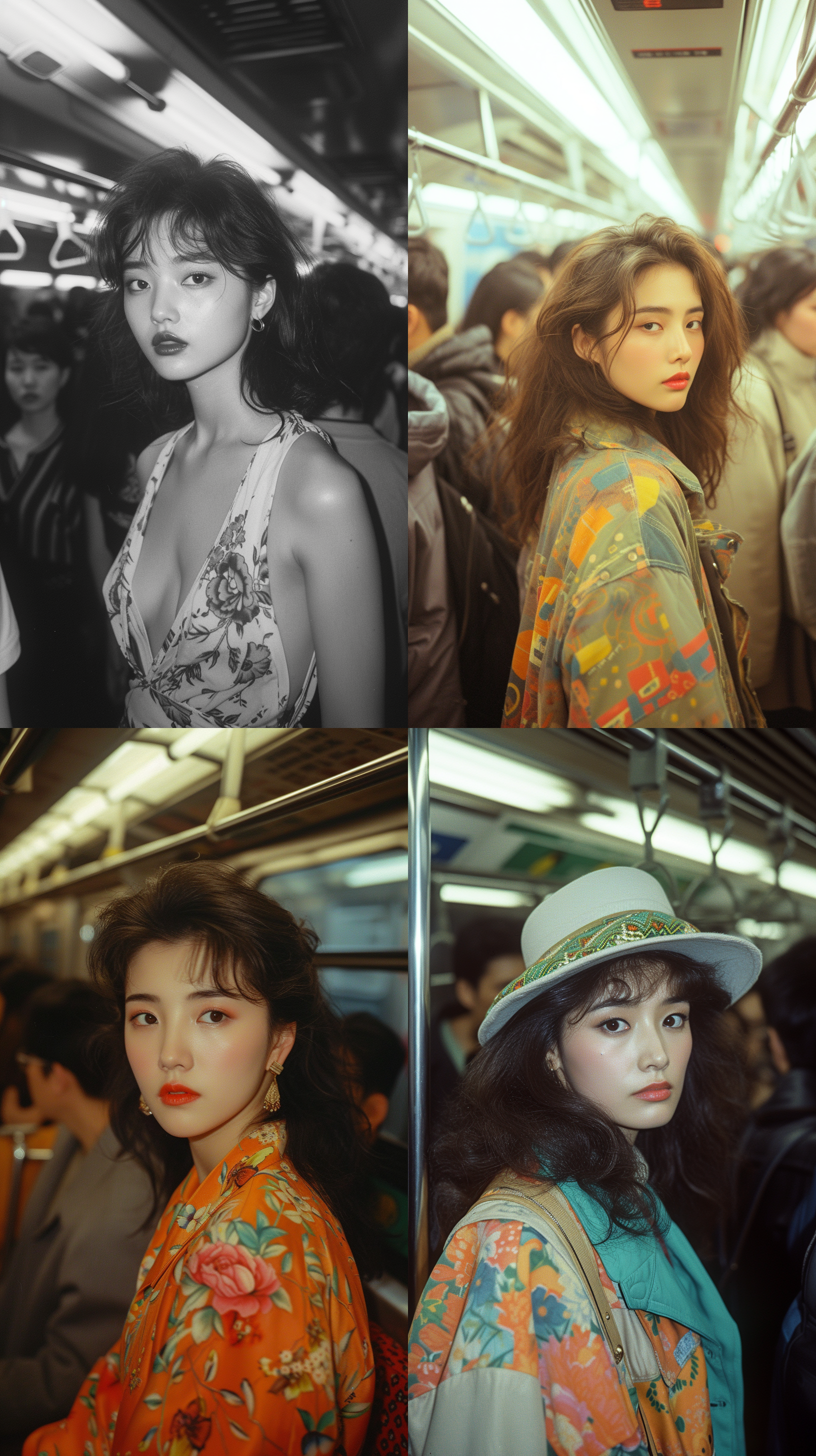 90年代香港女明星在拥挤的地铁上，高密度拥挤镜头中，她身着时尚服装，和人群中的普通乘客形成鲜明对比。明亮的照明照亮了她的面容，喧嚣的背景声营造出繁忙的城市生活氛围。拥挤感与稀疏感相互交织，呈现出一种独特的紧张情绪。时代感浓厚，充满活力。