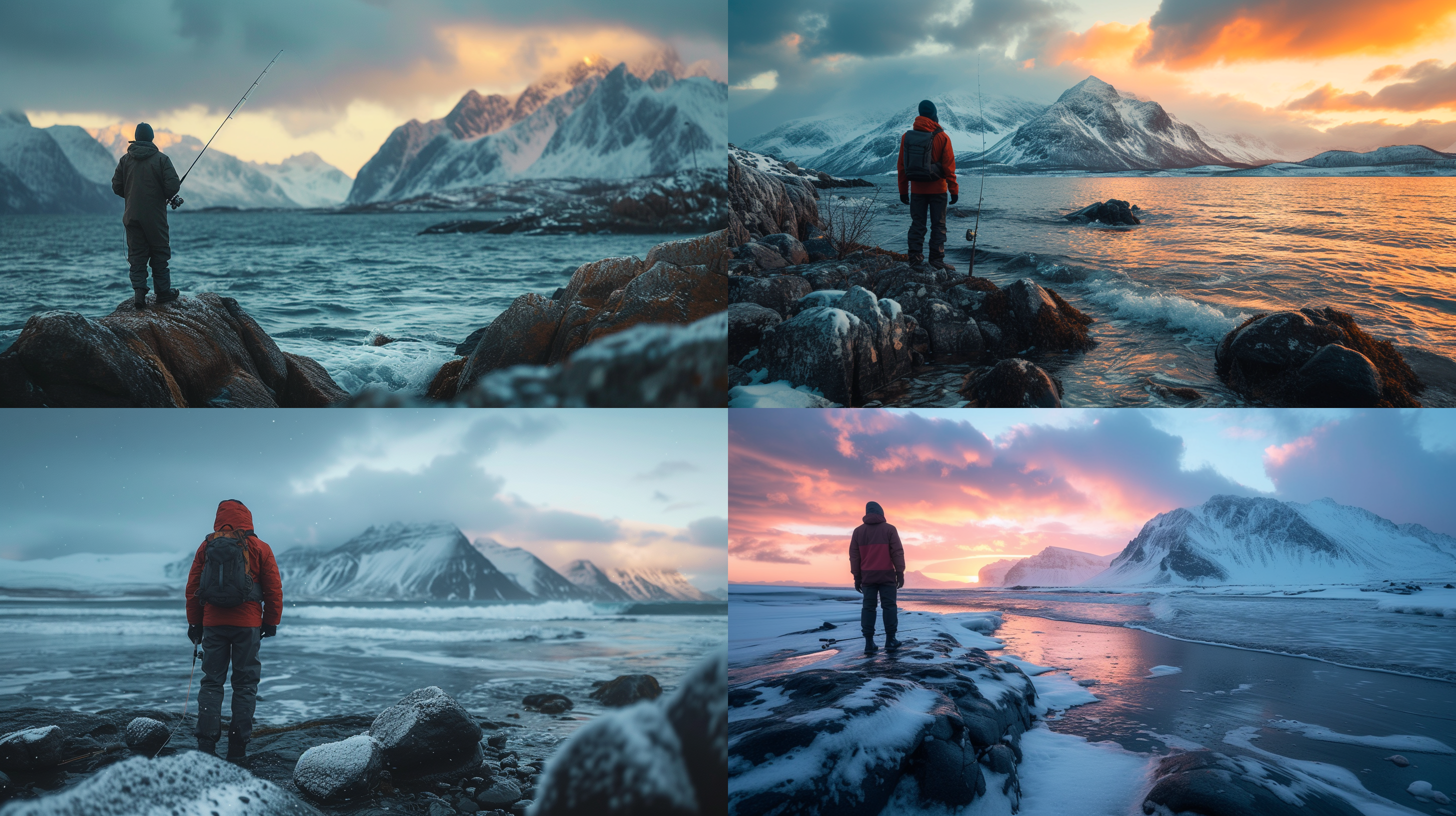 男人带鱼竿，行走在礁石上，侧脸注视着海浪。近处是男人站在礁石上看海，远处是雪山和未融化的冰雪。黄昏时分，侧光照射，温暖色调，广角镜头，流畅动作，深沉情感。行走，自然，落日余晖，海浪，雪山，侧脸，黄昏，温暖，广角镜头，礁石。