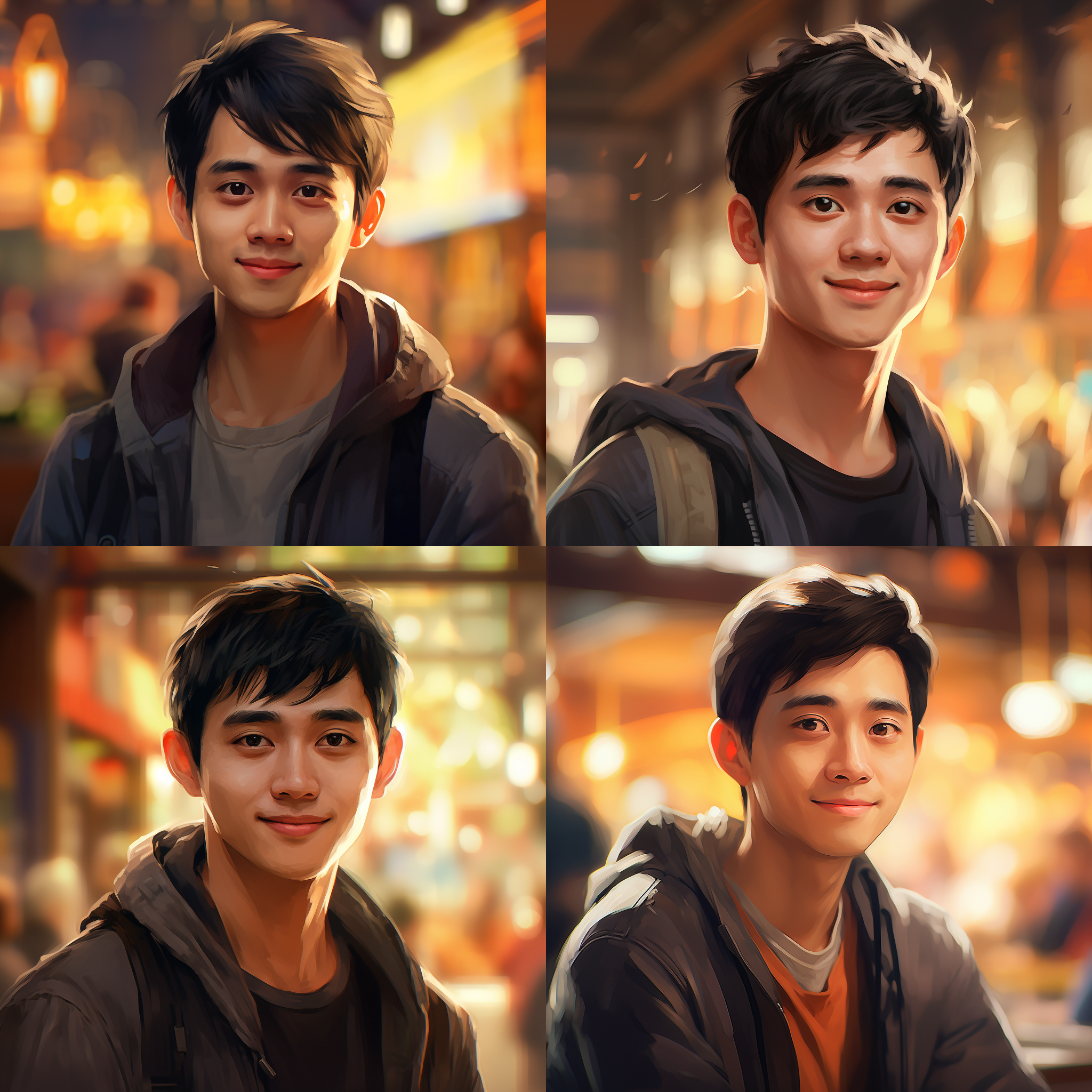 中国男性，30岁，黑发，大眼睛，齐刘海短发开心表情，卡通样式，温暖色调，柔光，浅景深，自信，轻松