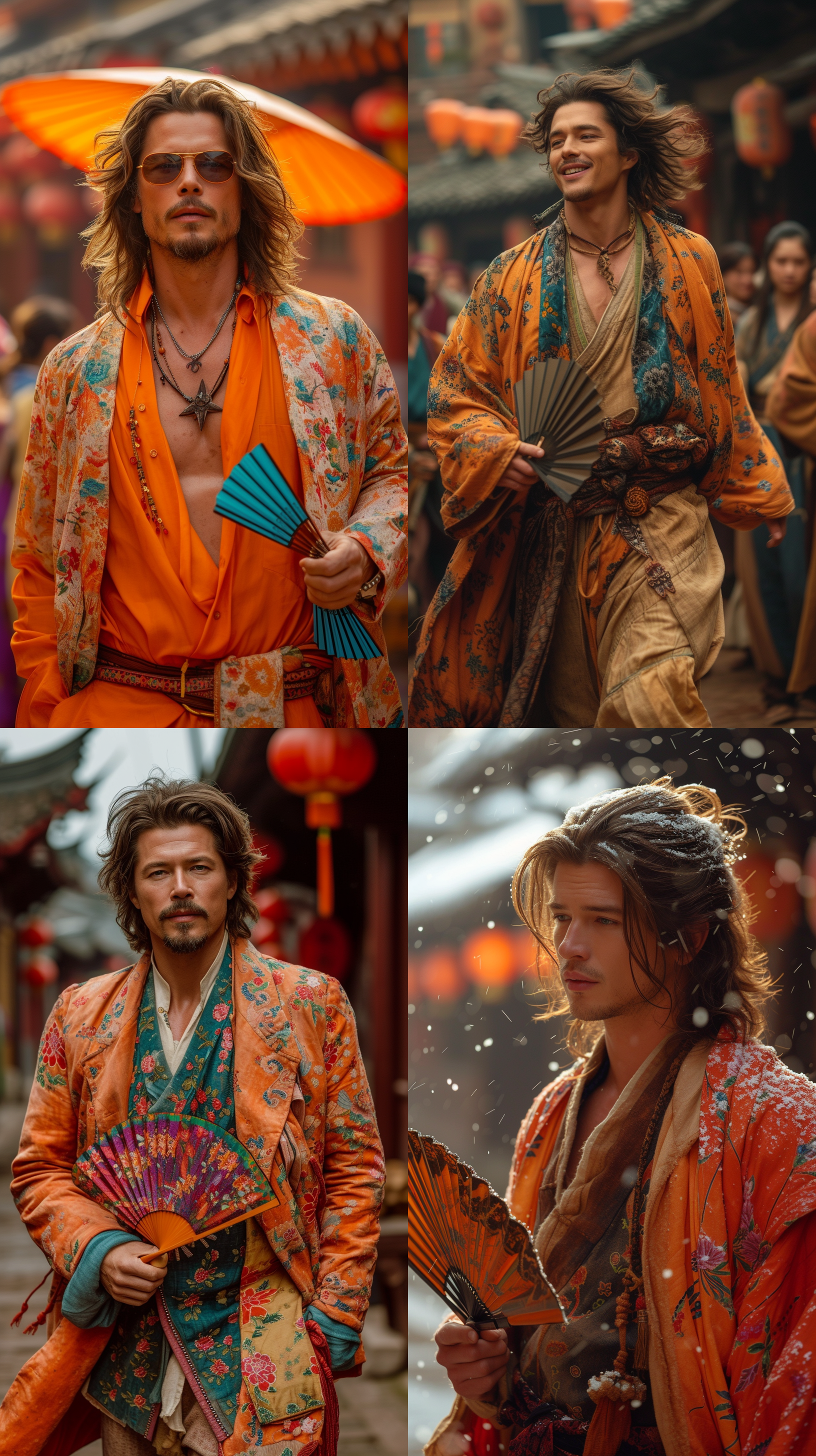 布拉德皮特东北大秧歌，穿着中国东北大花棉袄，手持扇子，色彩艳丽，对撞色，夸张表情，欢快气氛，高分辨率，真实质感，广角镜头，室外拍摄，明亮光线，动作跳跃。