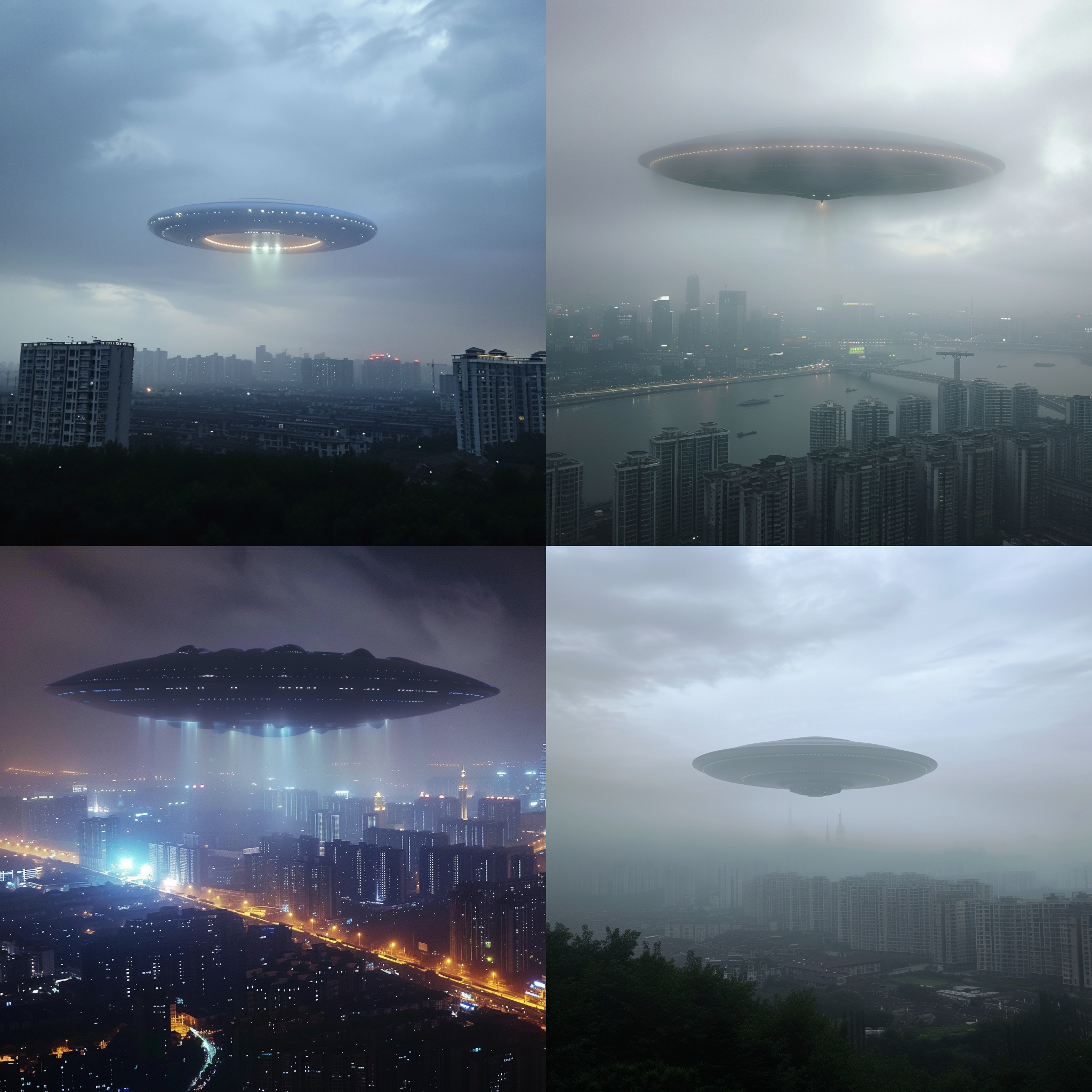 巨大的ufo出现在了杭州城市上空，其庞大的ufo身躯，显得城市很小