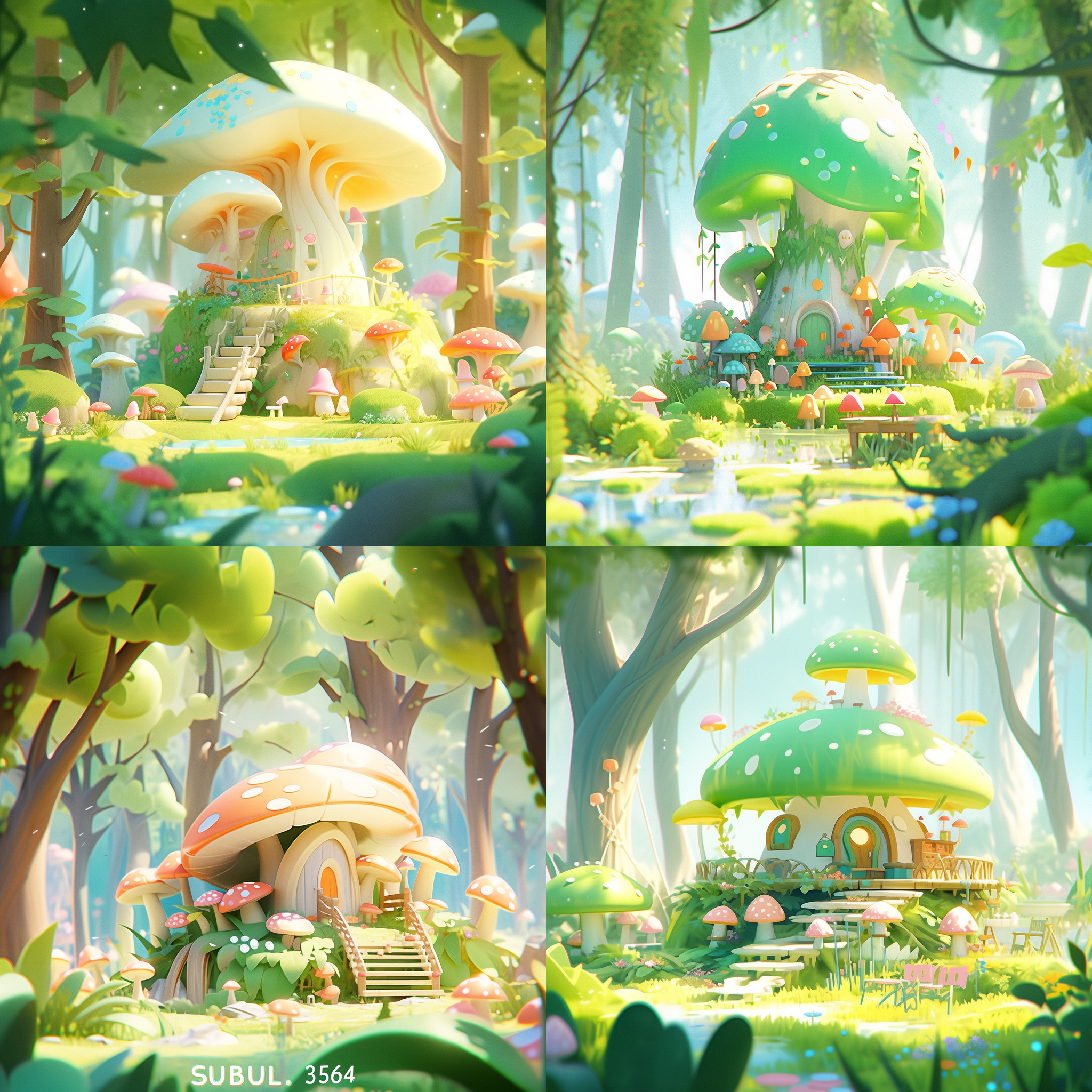 生成一个背景，森林里，有天空，景深，高端自然配色，明亮和谐，泡泡商城风格，卡通写实，图书插图风格，海派，有机雕塑，c4d风格，图书插图风格，4k展示，