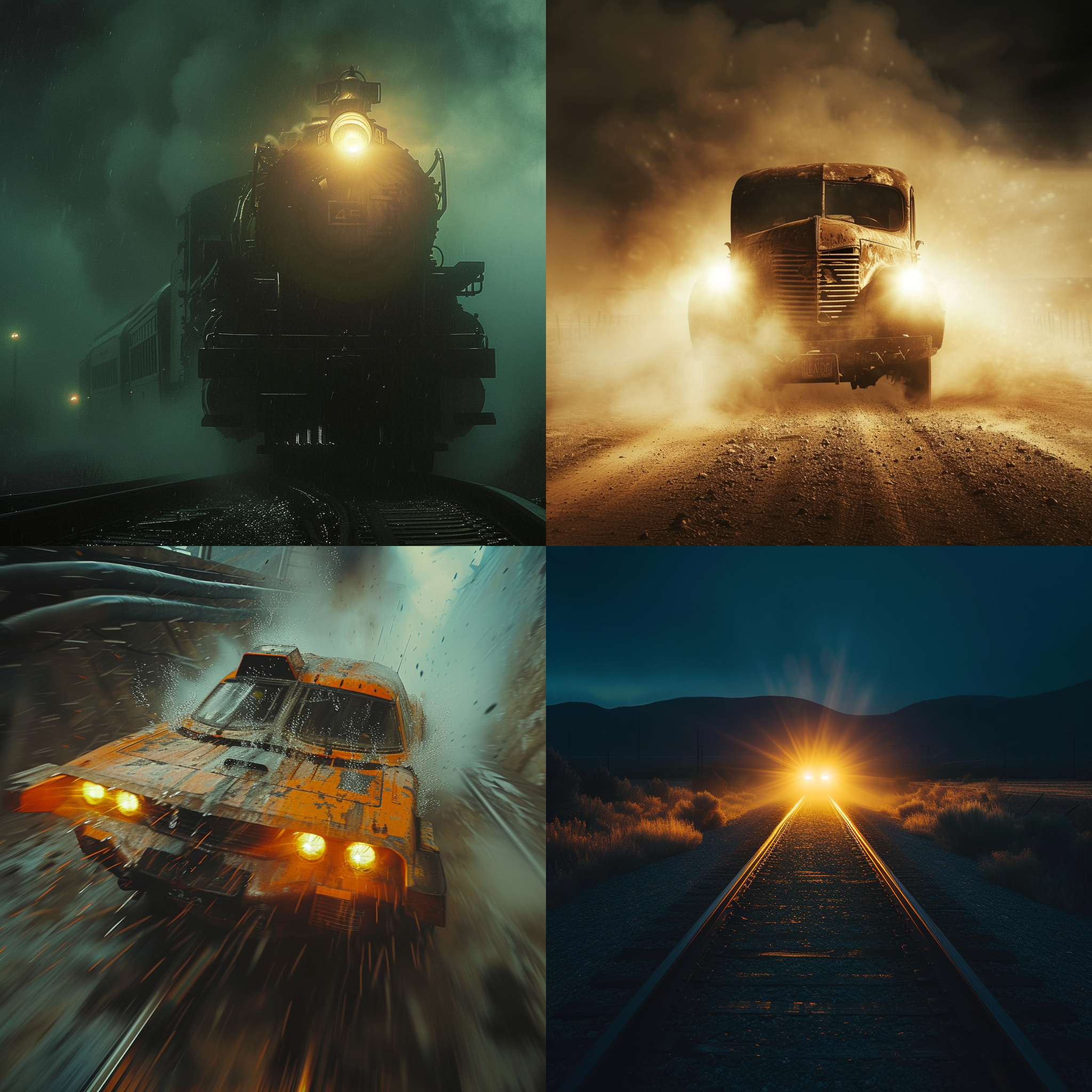 movie scene, extreme close-up shot, straight front view of an out-of-control train's headlight::1.2 the dilapidated car is rushing toward the camera::1.6 railway in the desert at a rainy night, foggy, glaring anamorphic lens flare, dramatic lighting, high shutter speed, motion blur, award winning photography, desertpunk, fear and panic