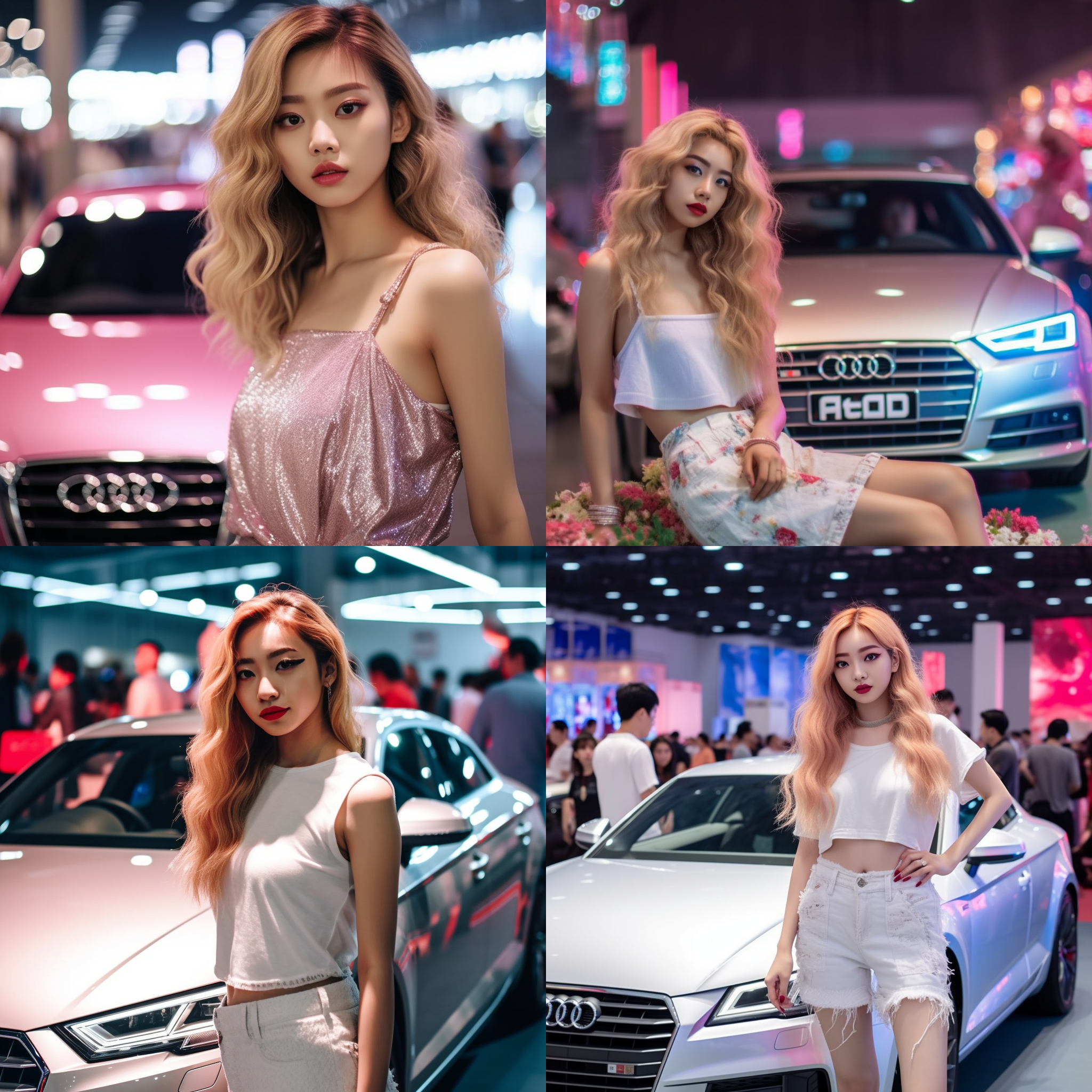 中国美女车模靠在一辆停在展厅的奥迪a4l白色汽车上，红色高跟鞋，蓝色牛仔短裤，白色t恤，闪亮的金色长发，五官高光，化妆，粉红唇，像银河般亮晶晶的眼睛，少女就像花仙子一般，粉红色打光，最高画质，最佳杰作，高分辨率