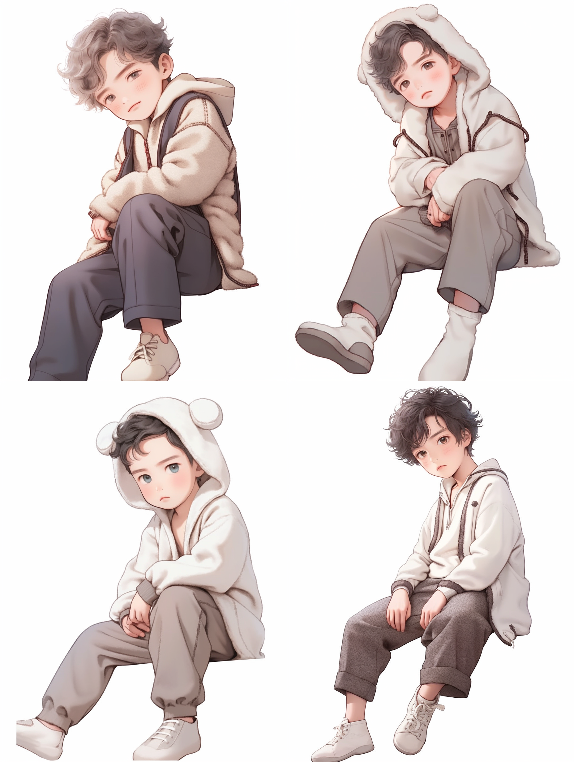五岁小男孩，白色加绒卫衣套装，短卷发，戴着毛线帽，坐姿，全身。可爱，开心的表情。动漫，线绘风格，纯白背景，全景，8k超高清，最佳质量，细节描绘。