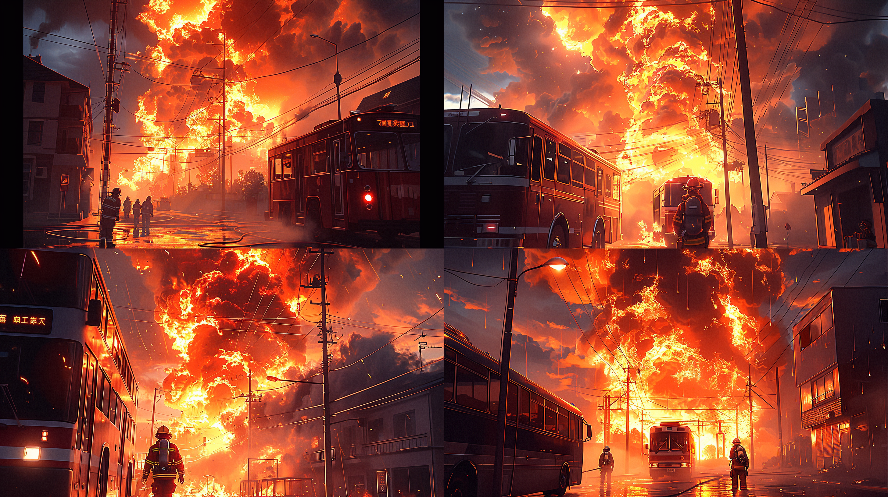 高清晰度，抢救火灾现场，视觉冲击强烈。构图对称，明亮的消防车灯照亮黑暗背景，红色和橙色火焰在黑夜中显得更加鲜艳。广角镜头捕捉到火焰和烟雾的浓厚氛围，快速快门凸显出火势的猛烈，烈焰似乎要突破画面的边缘，给人一种紧迫感和震撼力。 街景 宽景 顶级英雄