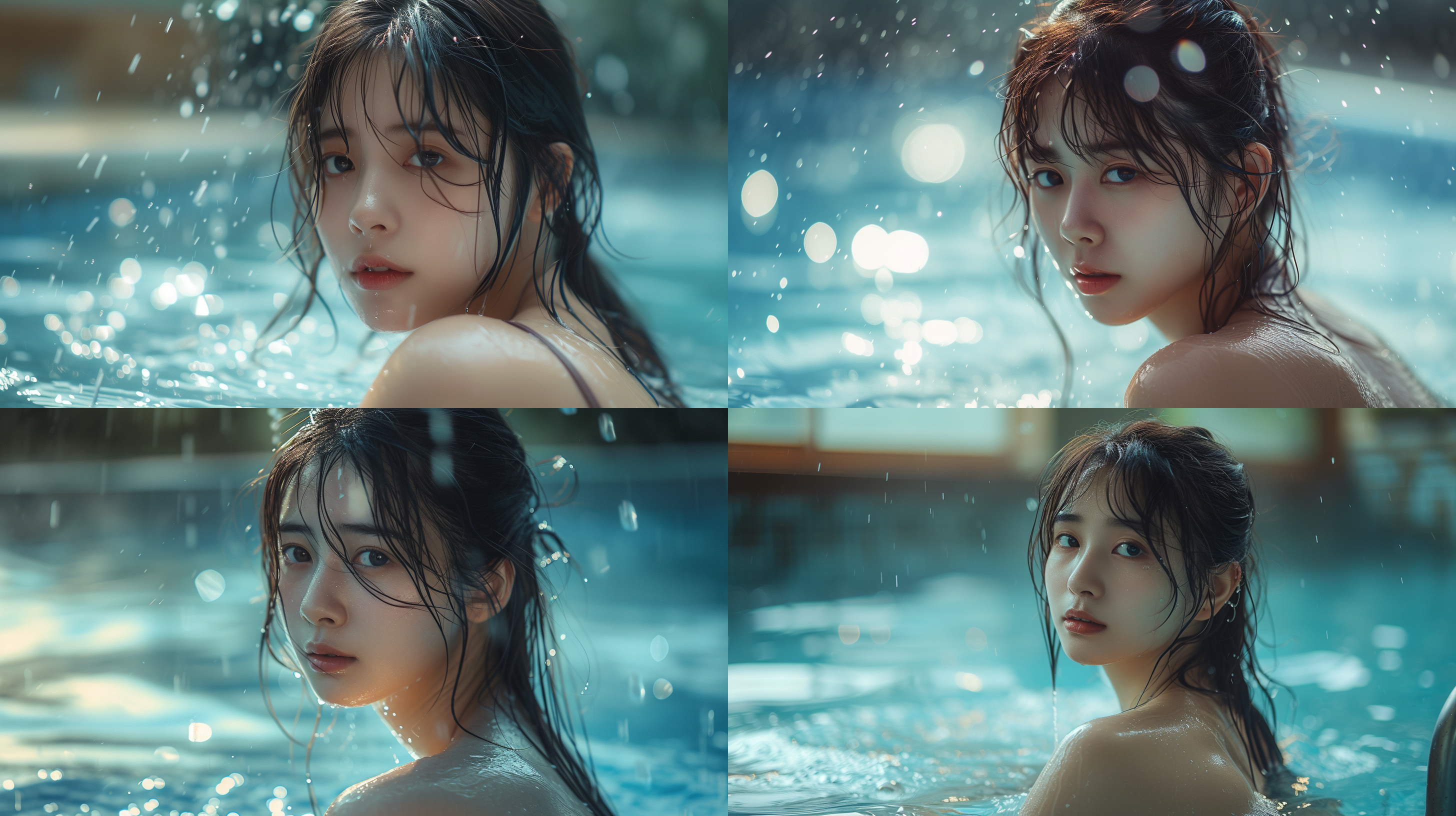 中国气质女生写真，泳池边坐姿，全身湿漉漉，眼神注视水面，波光粼粼。闲适气质。大师级摄影镜头，大师级摄影角度，全身照，电影感。大光圈，背景虚化，色彩饱和，柔和侧光，优雅动作，自然表情