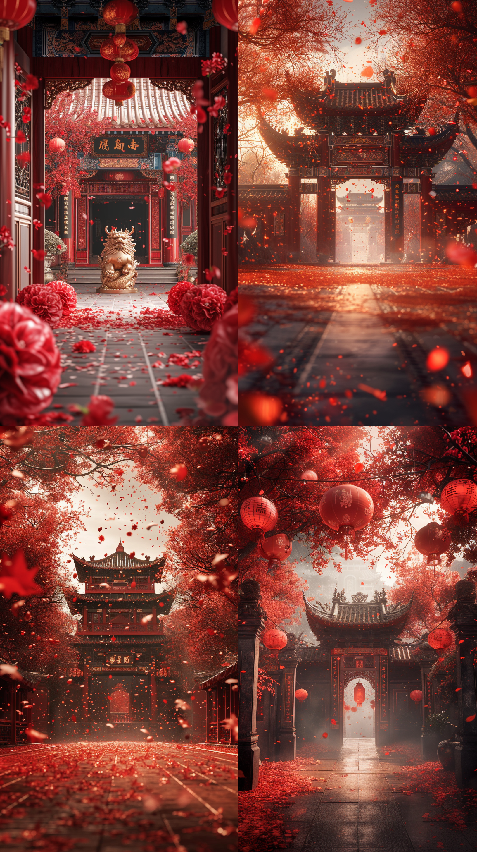 商业春节海报，麒麟，宫殿。中国红的色调浓烈喜庆，大师构图巧妙引领视线。柔和光线营造神秘氛围，逼真细节令人惊叹。采用c4d渲染技术，展现新年的独特氛围。红火喜庆，宫殿，中国红，大师构图，柔和光线，神秘逼真细节，c4d渲染技术，新年氛围