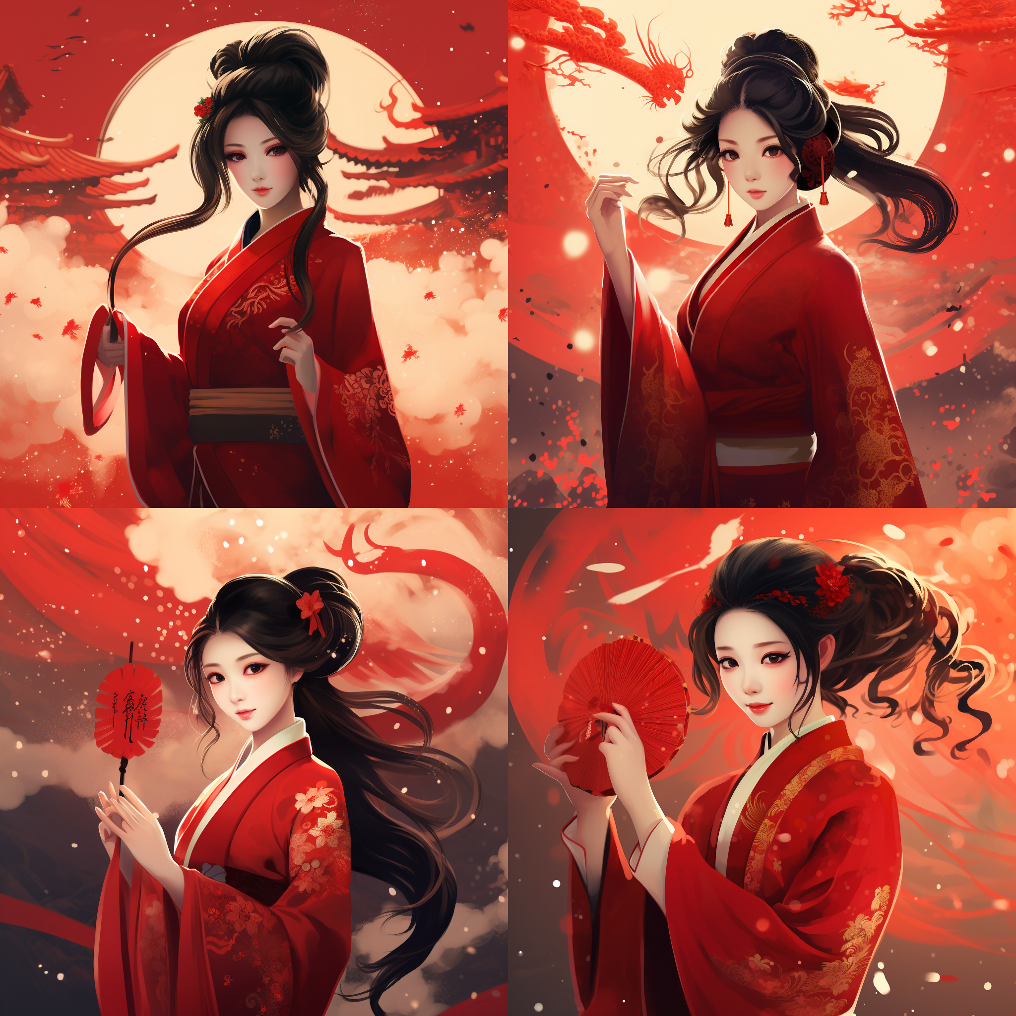 黑色长直发的女性恭贺新年，背后有一条红色的龙。构图对称，风景为传统庆祝场景，使用广角镜头拍摄，明亮的前灯照亮了主体，强调了她的喜悦和庆祝氛围。鲜艳的红色与金色元素突出了新年的喜庆和热情，整体色调温暖且充满活力。