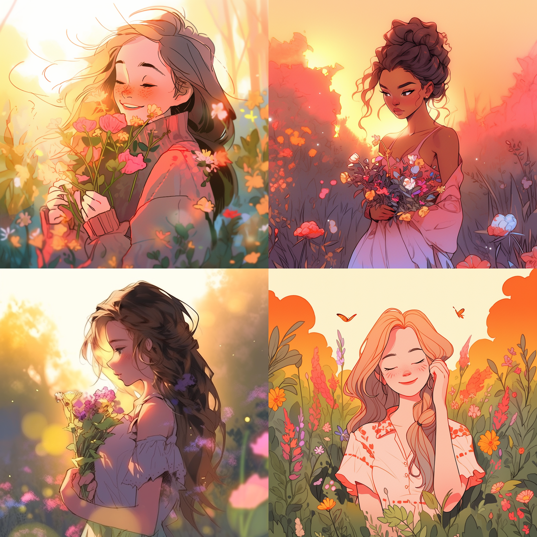 简笔画成年女孩，花园里，夕阳照耀，五彩斑斓的花朵背景。手持鲜花微笑向镜头。素描风格，彩色色调，轻柔线条勾勒出可爱形象，表达纯真和快乐。色彩丰富，夕阳温暖，柔和光线，鲜艳花朵，自然动作，愉悦情感。