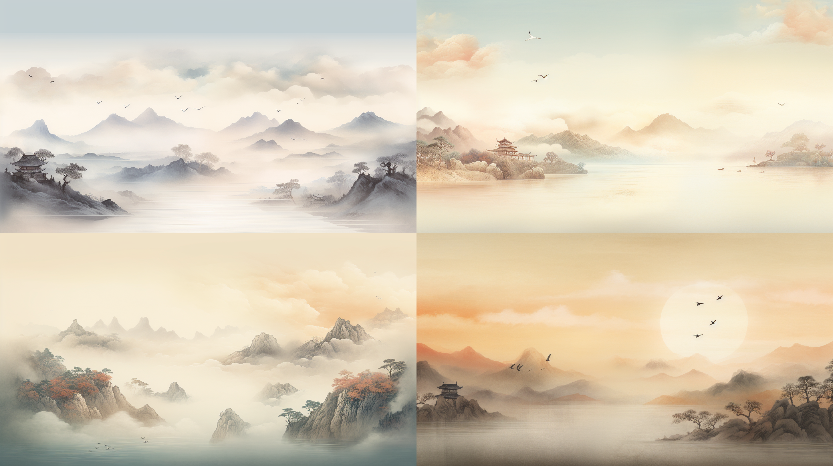 古诗词banner，山水画背景，翰墨风格，细腻纹理，淡雅色调，全景拍摄，远景近景交替，柔光照射，书法字体，恬静，优美，温馨。