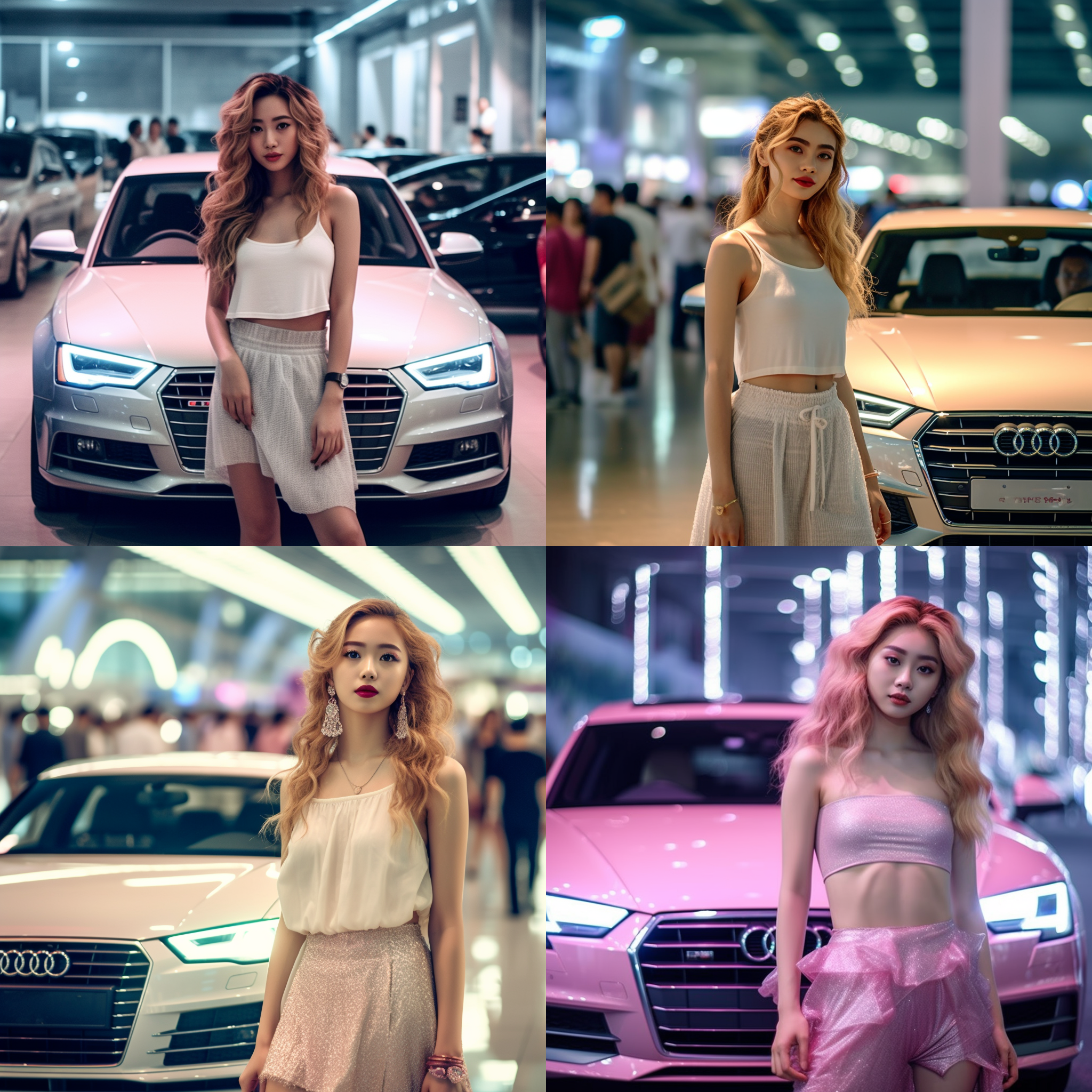 中国美女车模靠在一辆停在展厅的奥迪a4l白色汽车上，高跟鞋，牛仔短裤，白色t恤，高跟鞋，闪亮的金色长发，五官高光，化妆，粉红唇，像银河般亮晶晶的眼睛，少女就像花仙子一般，粉红色打光，最高画质，最佳杰作，最高画质，高分辨率