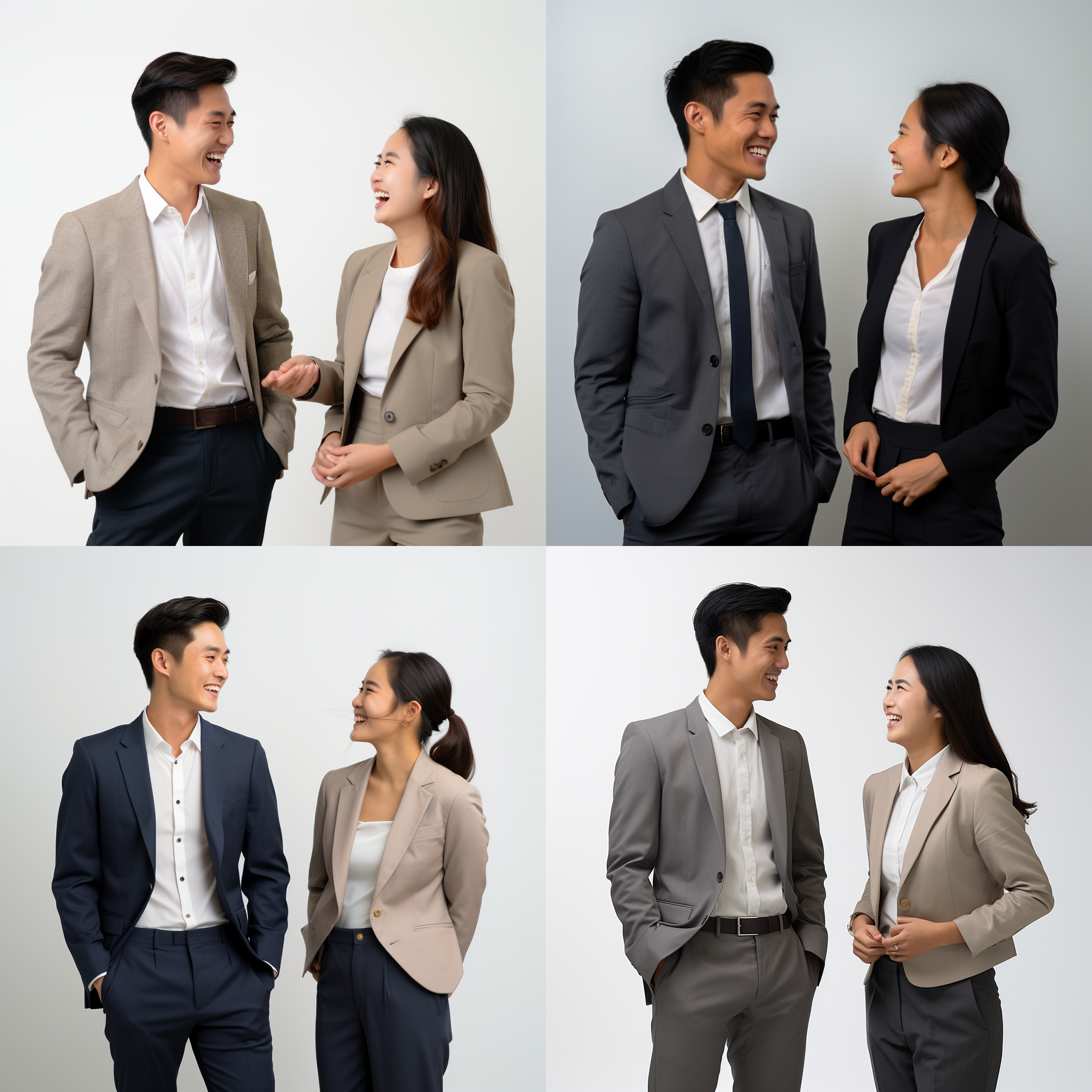 头像摄影，一位年轻的亚洲职业男子穿着西装，与一位年轻的职业女性愉快地聊天，白色背景，中景，柔和光线，正脸，自然表情，明亮色彩，友好氛围。