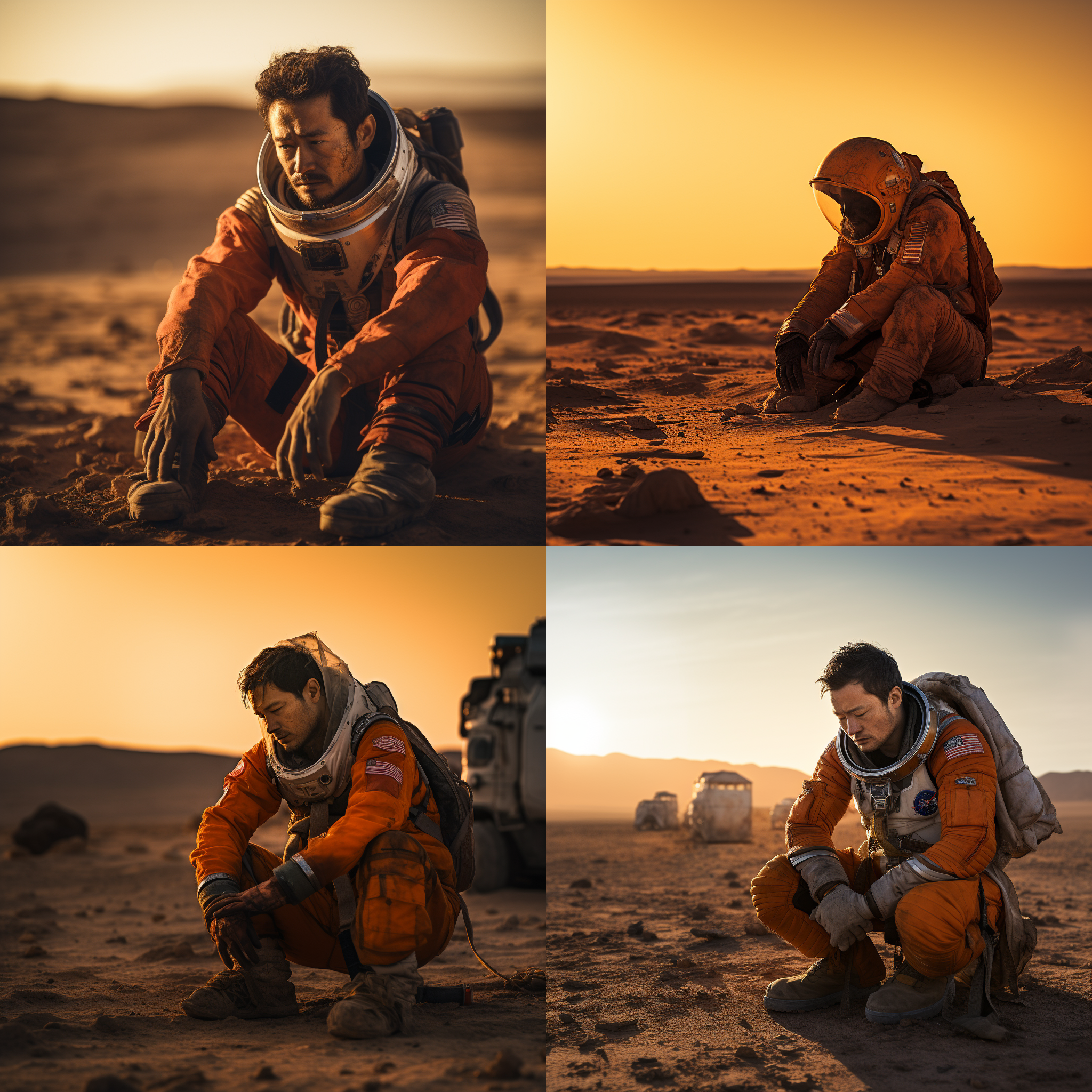 亚洲男人，橙色太空服，火星荒漠，迷茫地坐着。宽景镜头，低饱和度，强烈明暗对比，夕阳余晖，尘土飞扬，绝望，孤独，勇敢，未知，冒险。