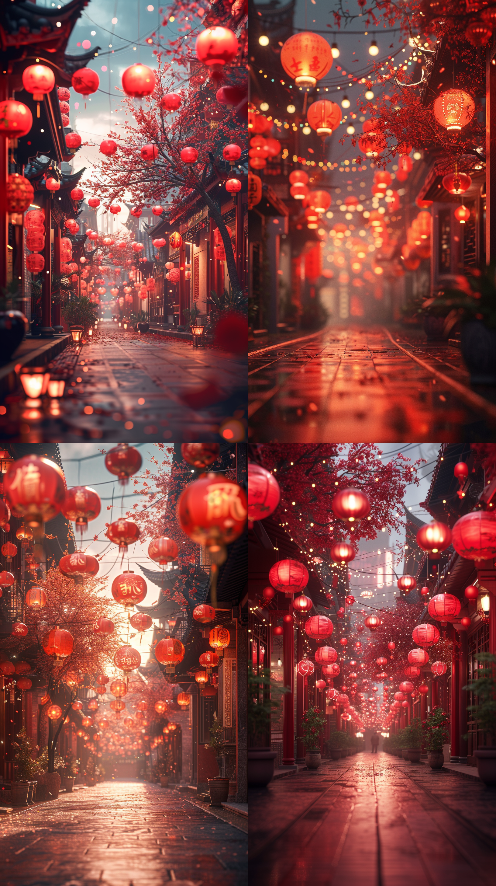 商业街区新春海报，中国红，喜庆，中国传统元素，大师构图，红色调，广角镜头，柔和光线，神秘，逼真细节，c4d渲染技术，新年氛围。