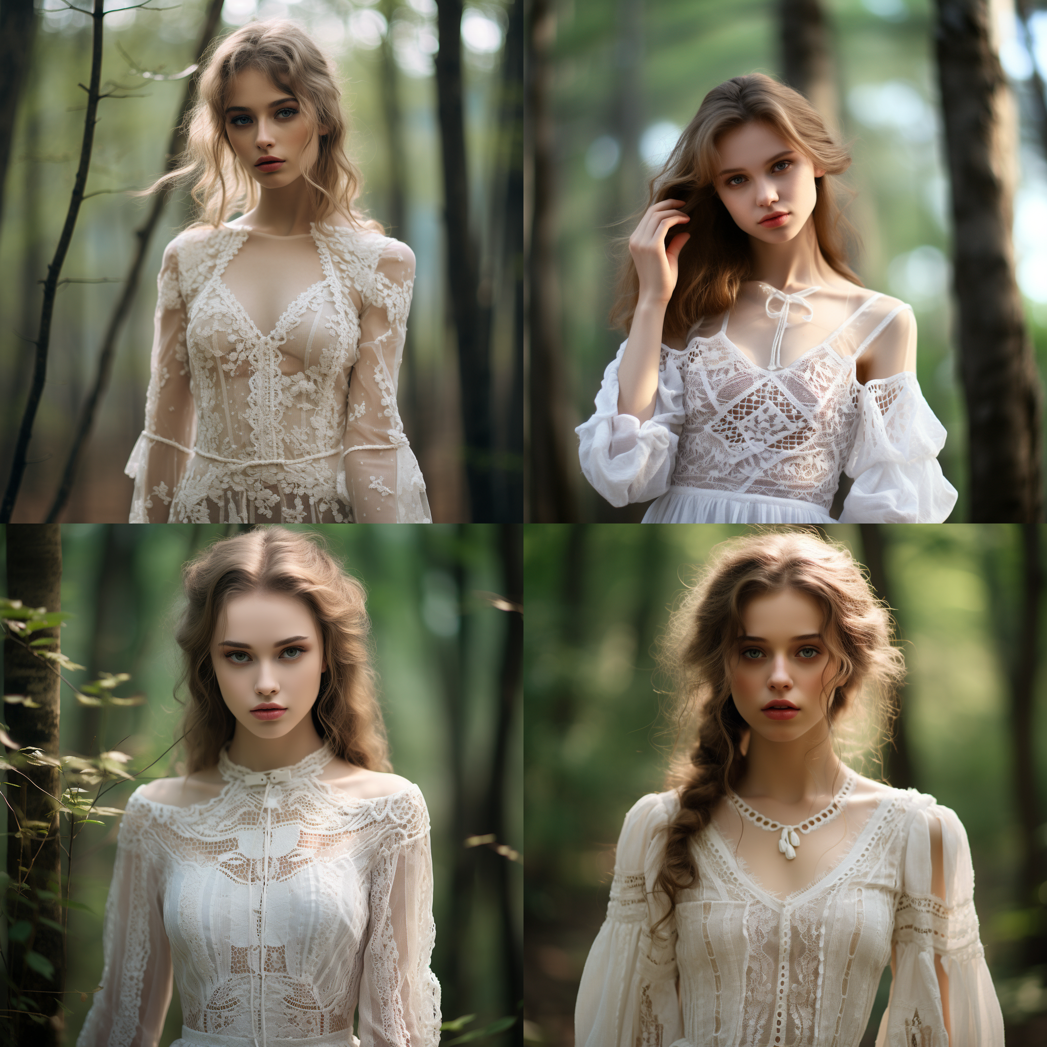 少女穿着蕾丝白裙，站在森林中。对角线布局，高度172厘米，体重52公斤，瘦长身材，1.3米长腿。短发和直发飘舞，深蓝色眼睛。忧郁眼神透露情感。亚洲人，白皙皮肤，高挺鼻梁和厚实嘴唇衬托面容。自然光线照亮，温暖色调，宁静温馨。蕾丝白裙，森林背景，对角线，长腿，深蓝眼睛，忧郁眼神，白皙肌肤，温暖色调。