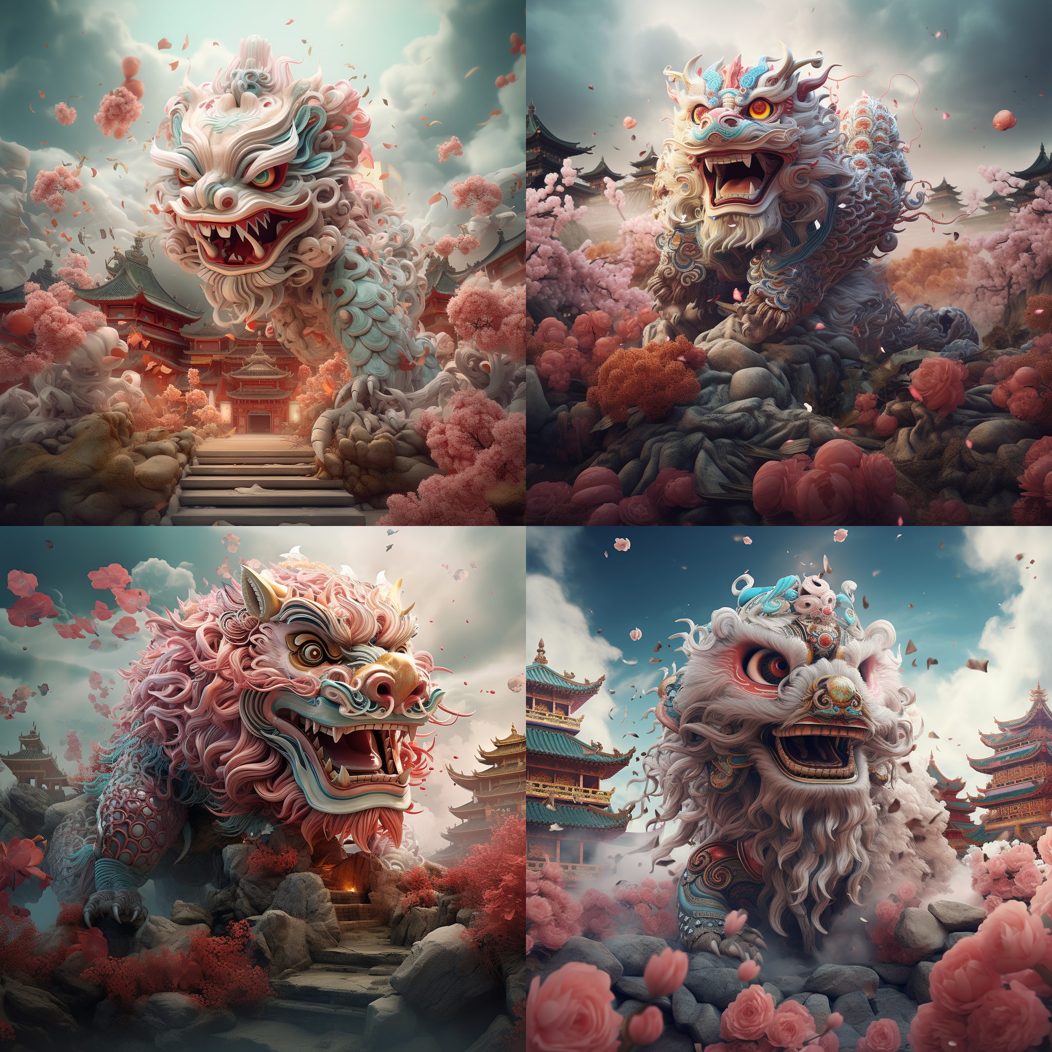 chinese lion dance theme,traditionachinese new year. dreamland, surrealism.surreal3dlandsca