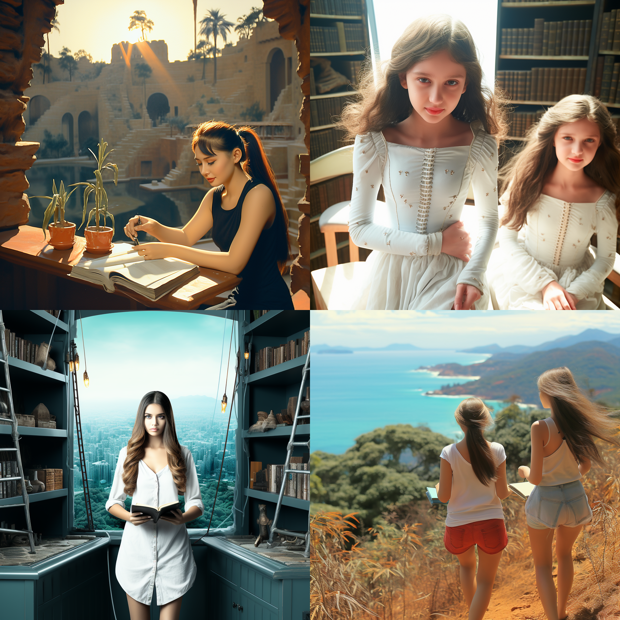 图片中的女孩分别在海边、山顶、摩天大楼以及山洞里游玩的场景