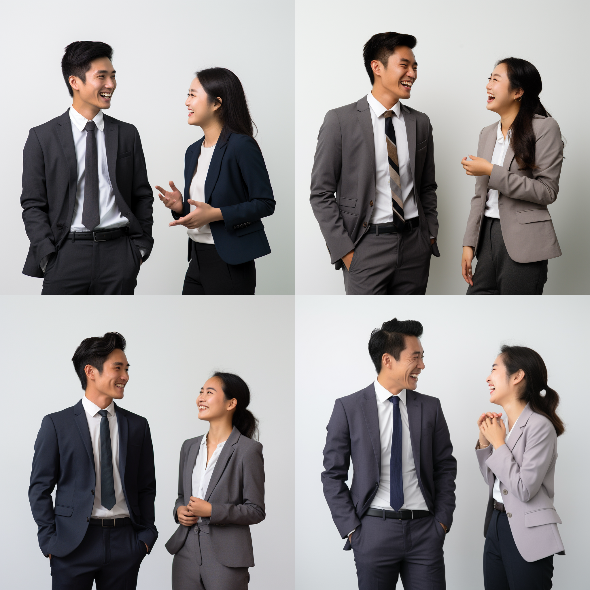 头像摄影，一位年轻的亚洲职业男子穿着西装，与一位年轻的职业女性愉快地聊天，白色背景，中景，柔和光线，正脸，自然表情，明亮色彩，友好氛围。