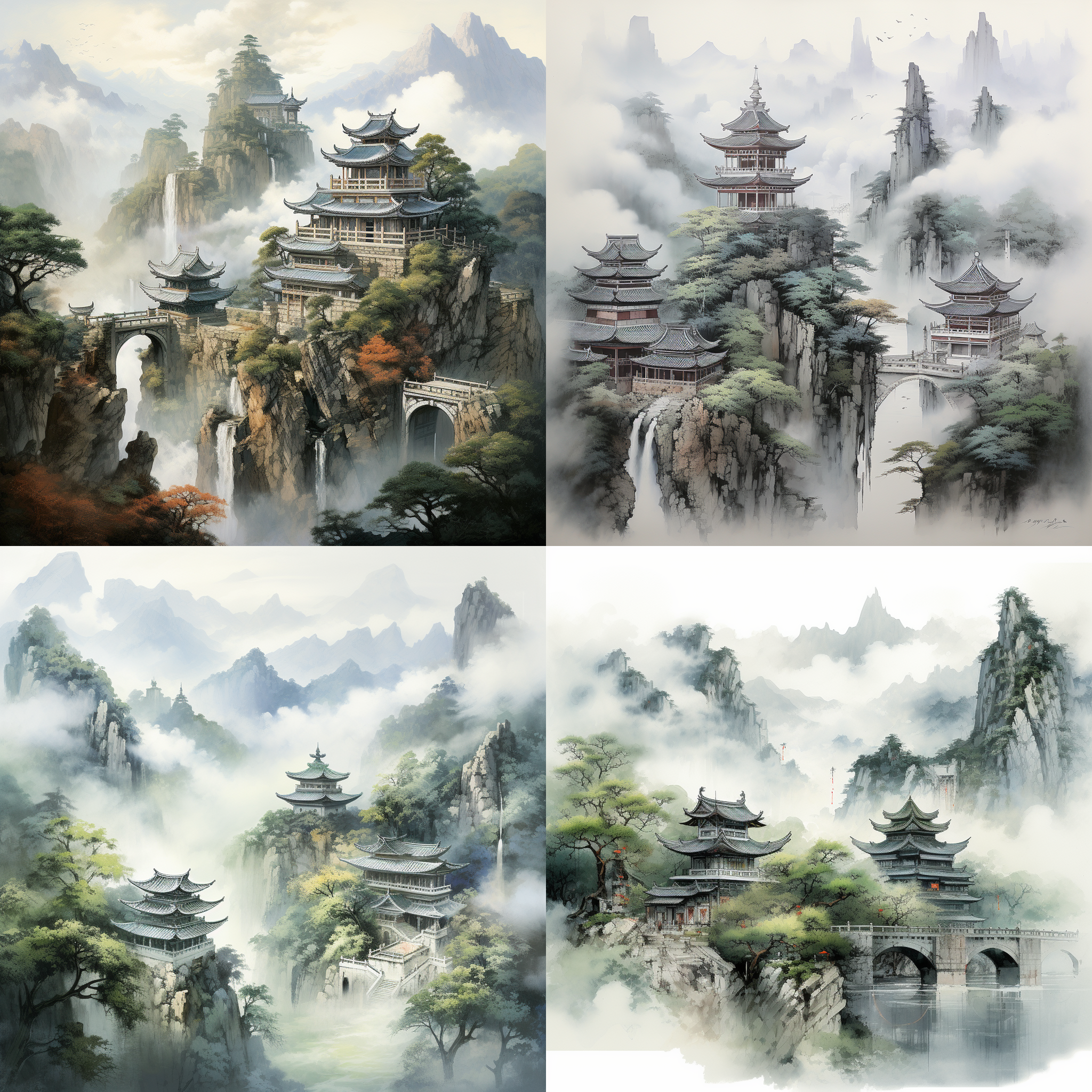 中国风，深山寺庙，雾气弥漫，古老建筑，层叠山峦，青瓦白墙，红色门楼，曲径通幽，静谧氛围，僧侣念经，香烟袅袅，朝阳照耀，宁静祥和，水墨画效果。