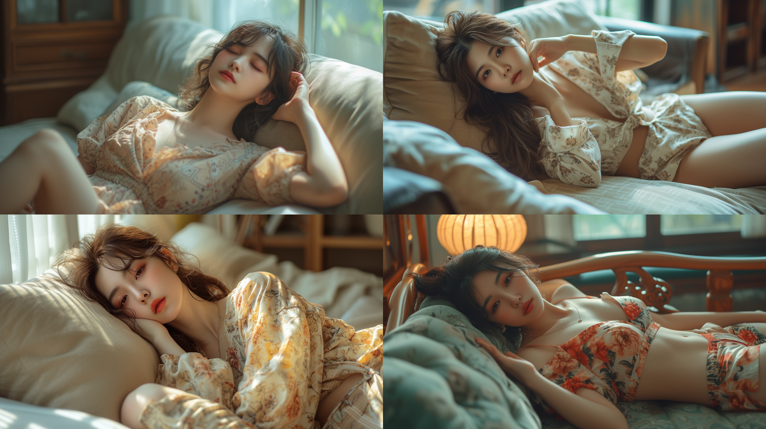 慵懒风中国气质女生室内写真，穿宽松睡衣，短裤，侧躺在沙发上，慵懒，闲适，气质，大师级摄影镜头，大师级摄影角度，全身照，电影感，4k，高清