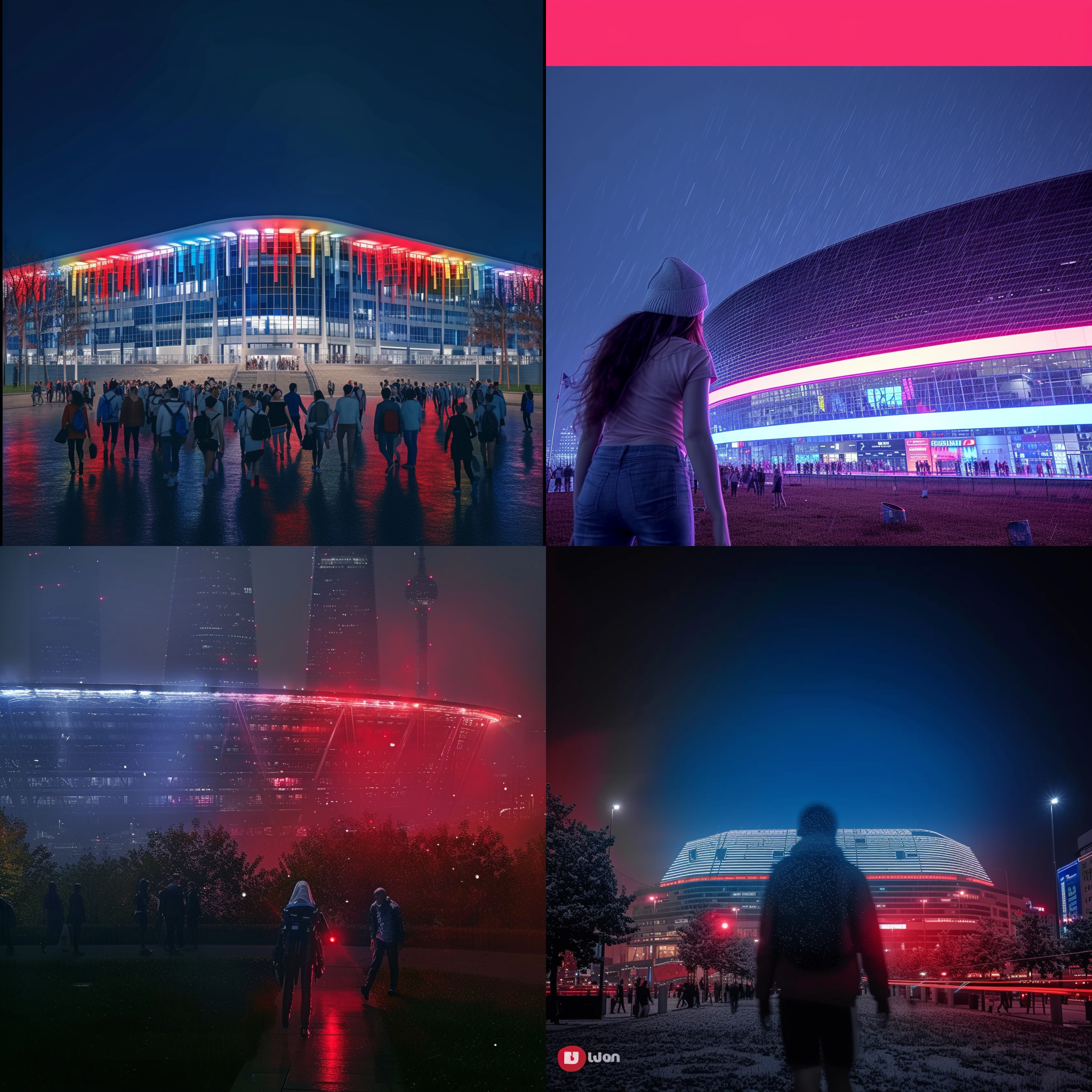 城市未来，超现实场景，酷炫摄影风格，高楼大厦，夜晚，霓虹灯光，广角镜头，长曝光，人群行走，流线型建筑，炫酷色彩，动感。