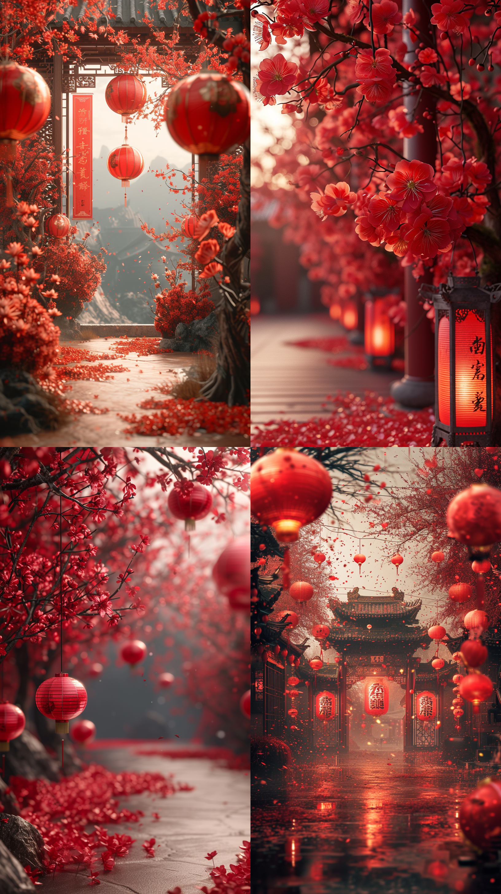 春节海报，红火喜庆，麒麟，中国红，红色调，大师构图，柔和光线，神秘逼真细节，c4d渲染技术，新年氛围。