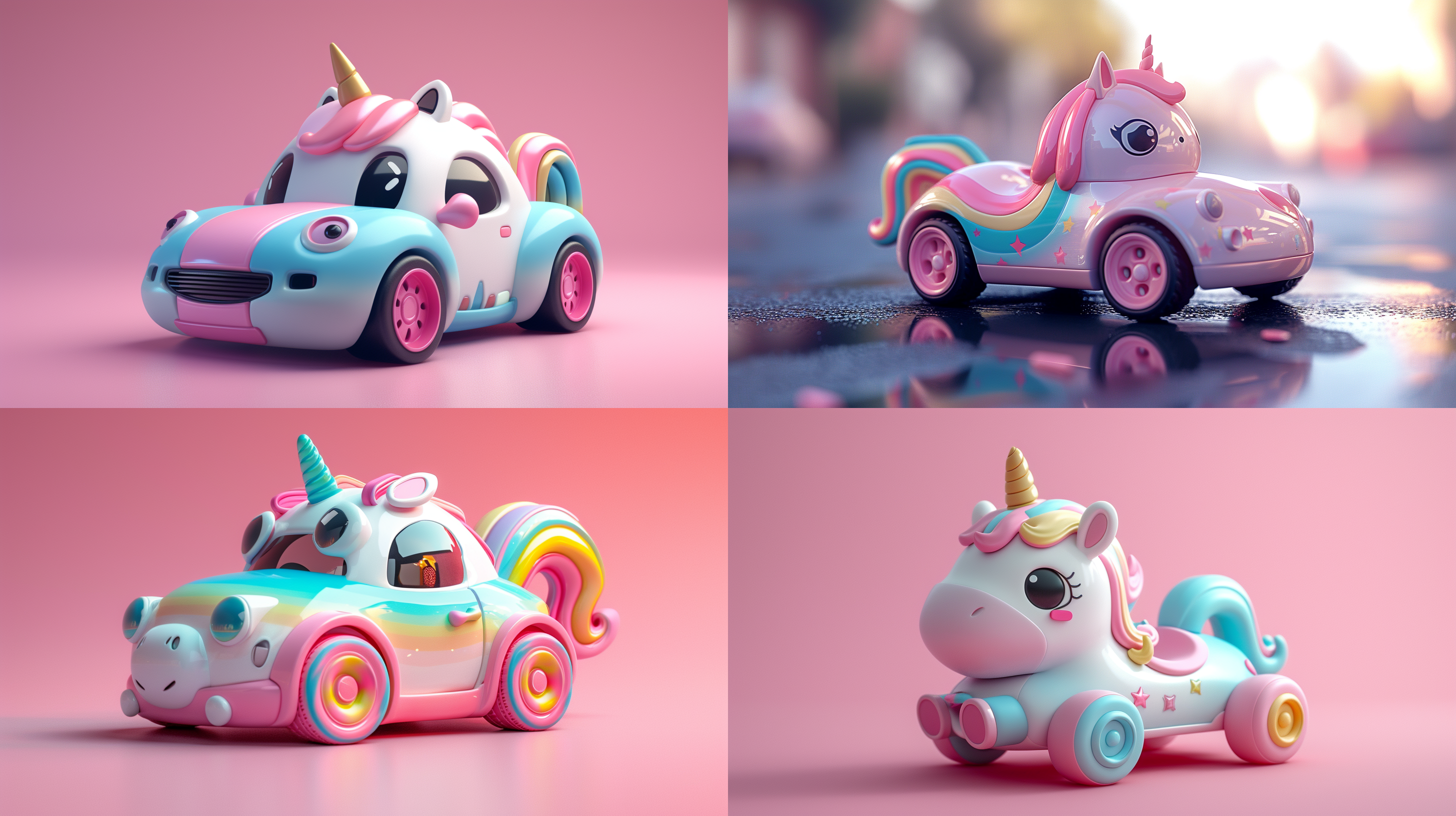 独角兽玩具车模型，胖胖的体型，卡哇伊风格，可爱风格，c4d，时尚玩具，潮玩模型，光滑材质，光泽，精致，数字艺术，超细节。