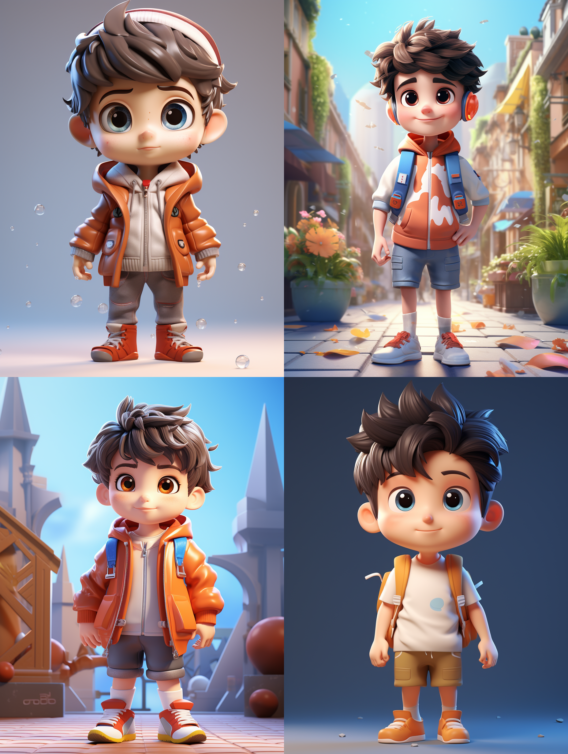 一个可爱的男孩，看着镜头，站得自然饱满，穿着衣服。高端自然配色，明亮和谐，可爱多彩，光线追踪，泡泡商城风格，设计简洁，ip盲盒形象，人物设计细节，有趣的人物设计，行为，海派，有机雕塑，c4d风格，卡通写实，图书插图风格，4k展示，