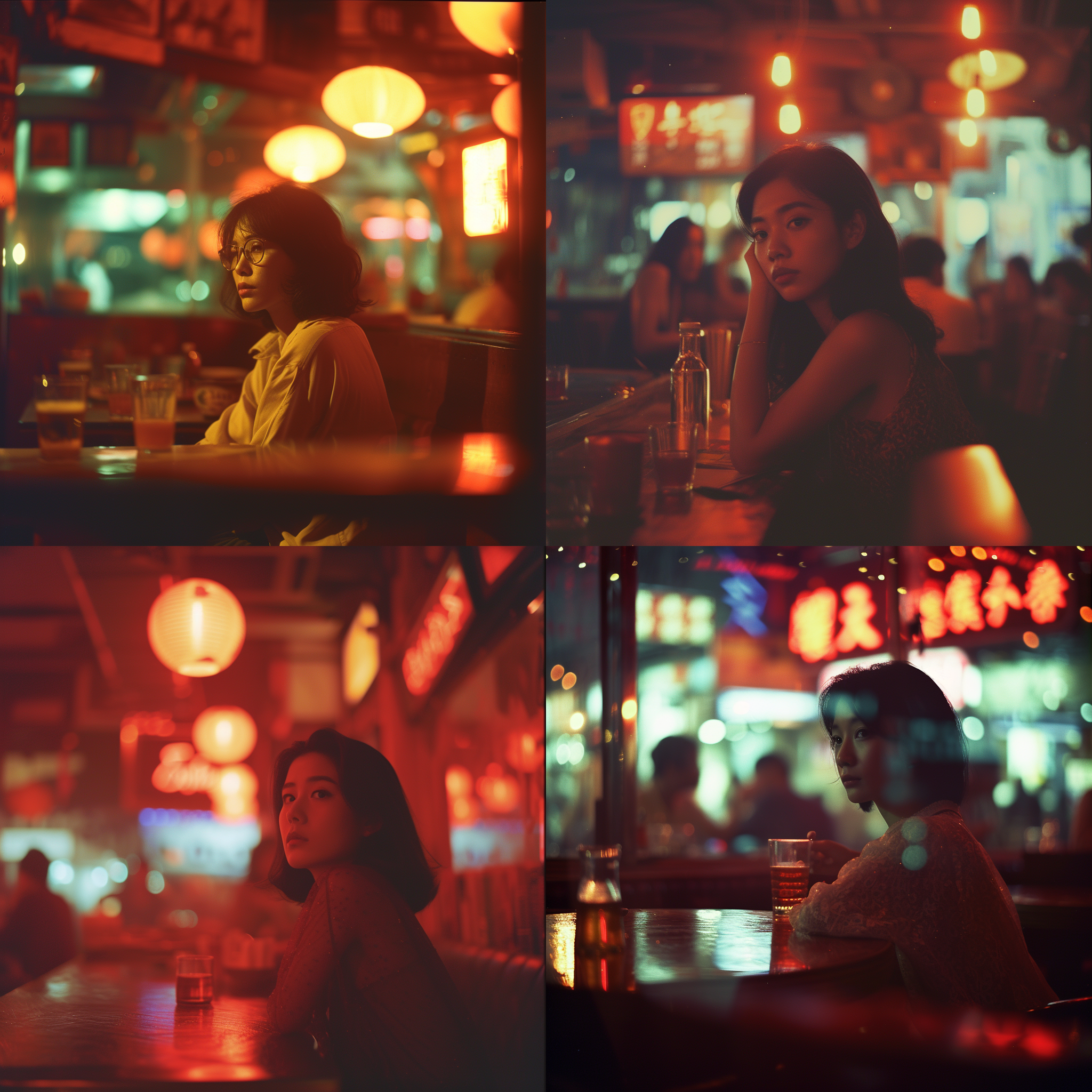模糊的前景中，90年代酒吧里，一位香港女明星坐在中央，快门跟拍，动感构图，王家卫电影风格，环境暗淡，镜头偏移，大光圈，背景虚化，红色调，复古氛围，神秘而迷人。
