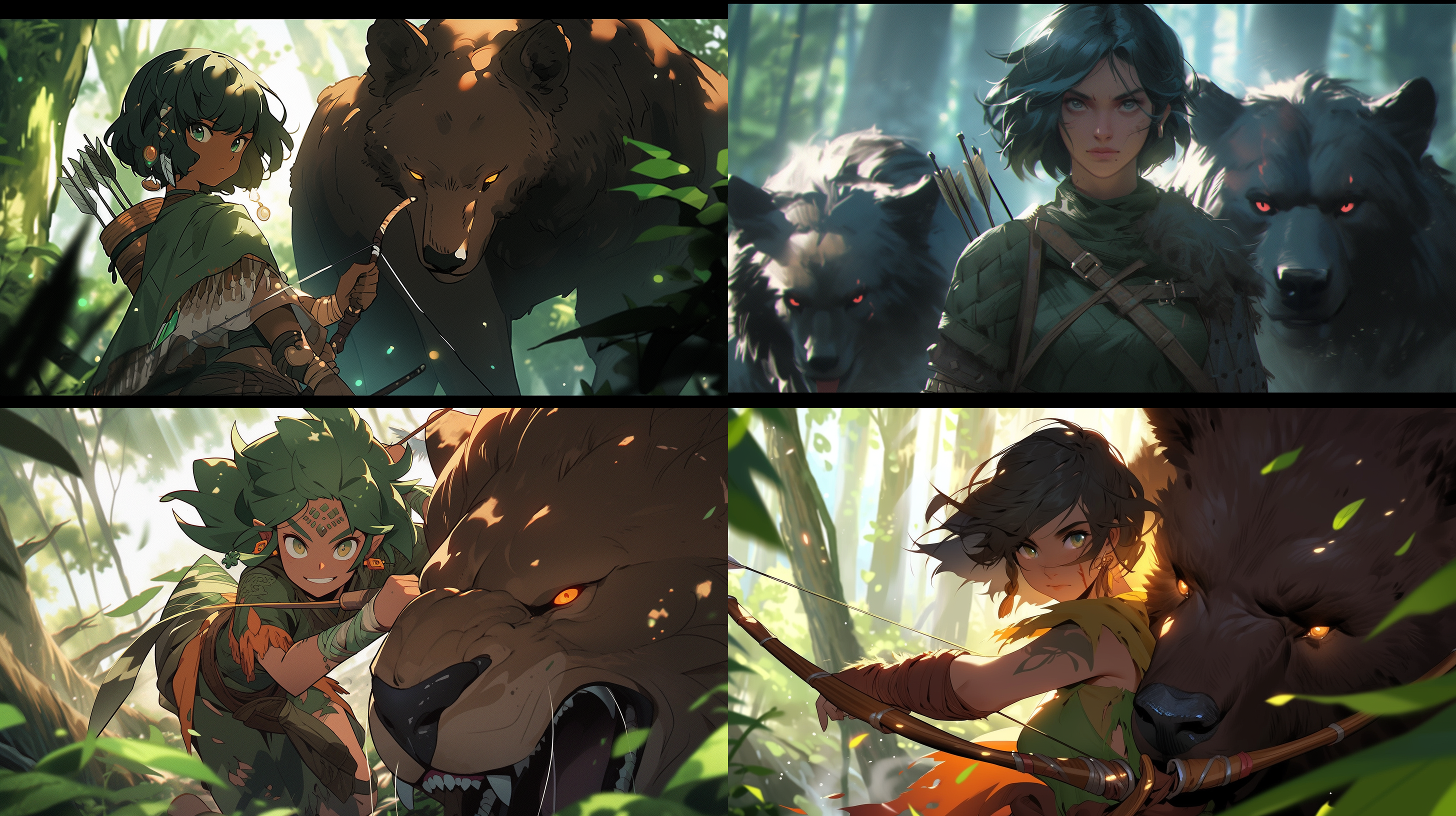 女丛林弓箭手，面容漂亮，冷峻，绿色短发，大自然，森林，藤蔓，带着一头棕熊，迷人的微笑，逆光拍摄，广角镜头，动作优美，神秘感，饱和度高，动态姿势，神秘氛围、自然光线，喜悦