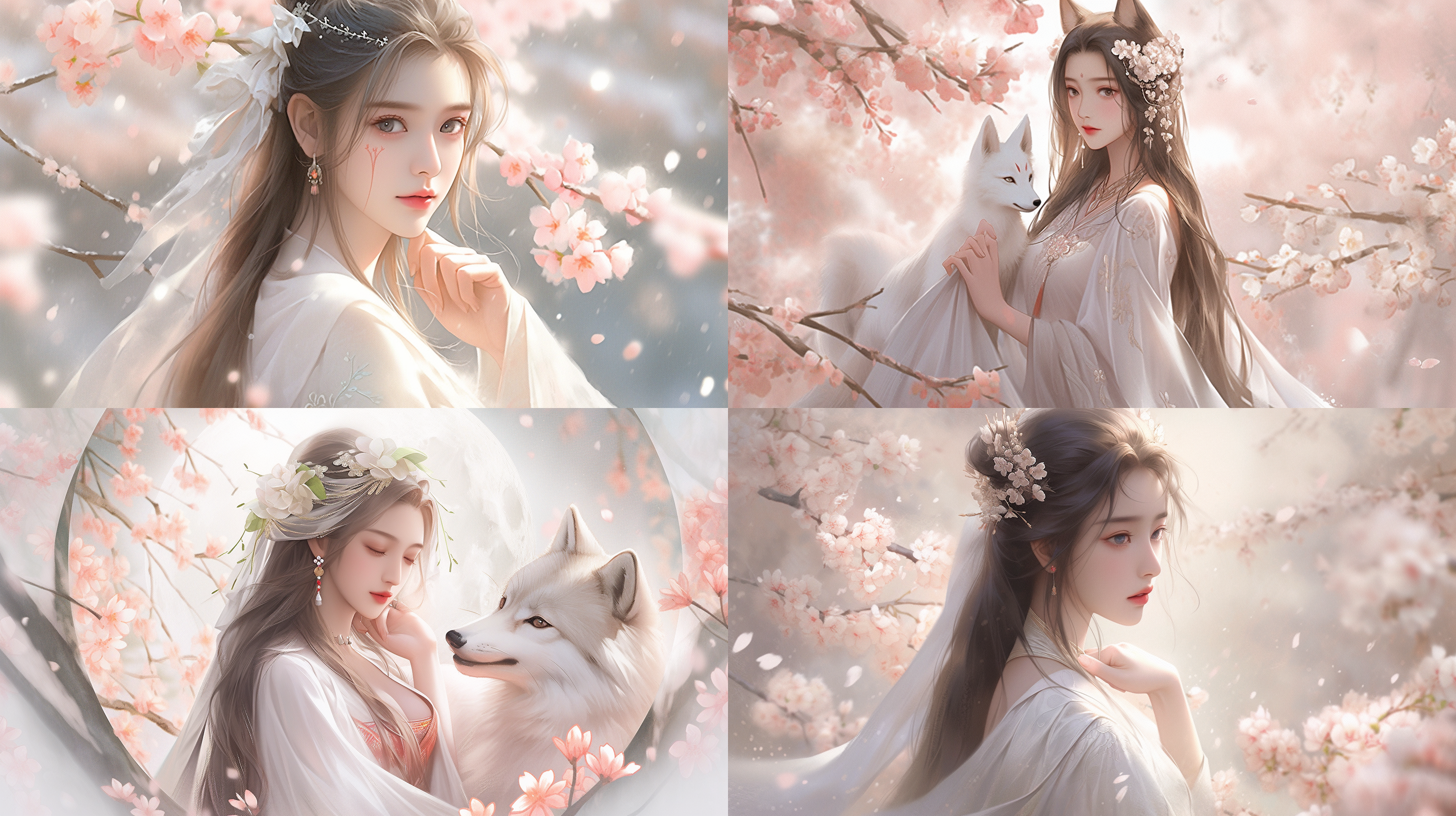 中国古代美女，鹅蛋脸、高冷，清秀，白衣仙女，高清、高分辨率、伴随着一只白狐。桃花背景中，镜头聚焦在美女身上。对称构图，柔和光线，长焦镜头，婉约动作，柔和色调，传统元素，优雅情感。