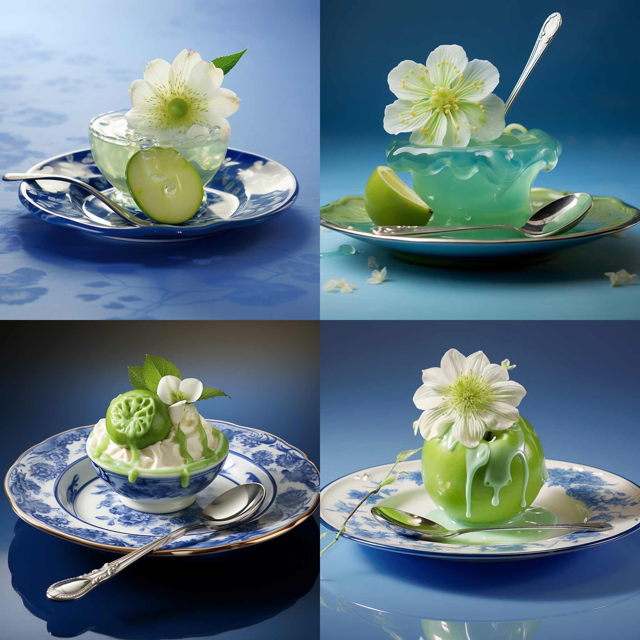 果冻青苹果味，盘装于青花瓷上，一把花朵勺子放于其上。柔和光线下，构图平衡，饱满的色彩，细腻的纹理，清新自然的氛围，细致的细节，诱人的口感，愉悦的情绪。