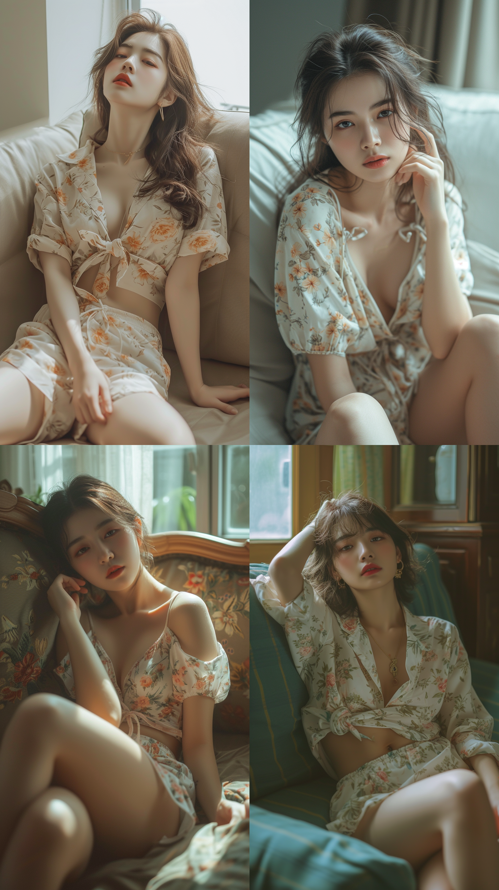 慵懒风中国气质女生室内写真，穿宽松睡衣，短裤，侧躺在沙发上，慵懒，闲适，气质，大师级摄影镜头，大师级摄影角度，全身照，电影感，4k，高清。