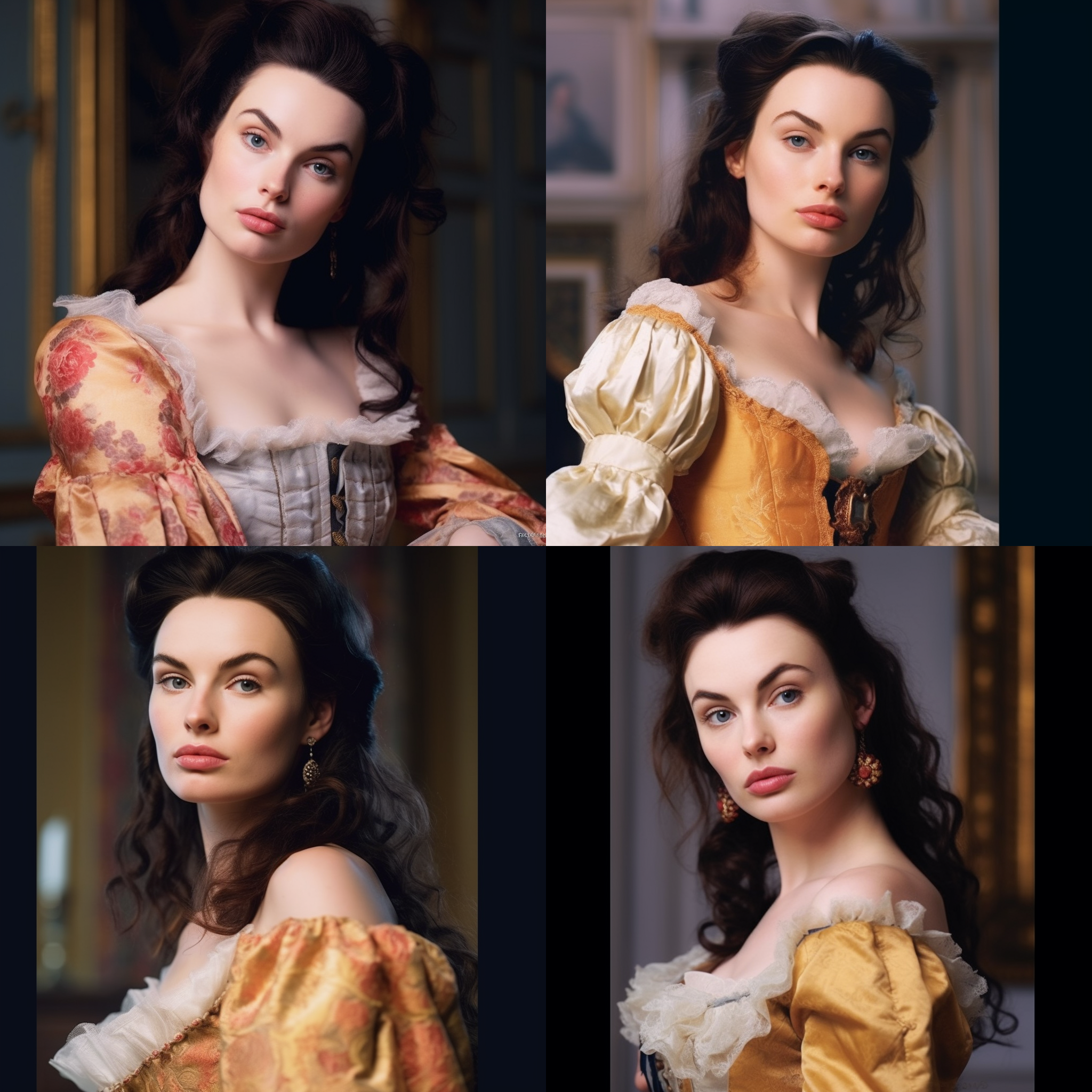十八世纪欧洲上流社会女孩，高清，精细纹理，明亮色彩，华丽服饰，室内宫廷背景，浅景深，柔和侧光，优雅动作，自信微笑，温暖情感。