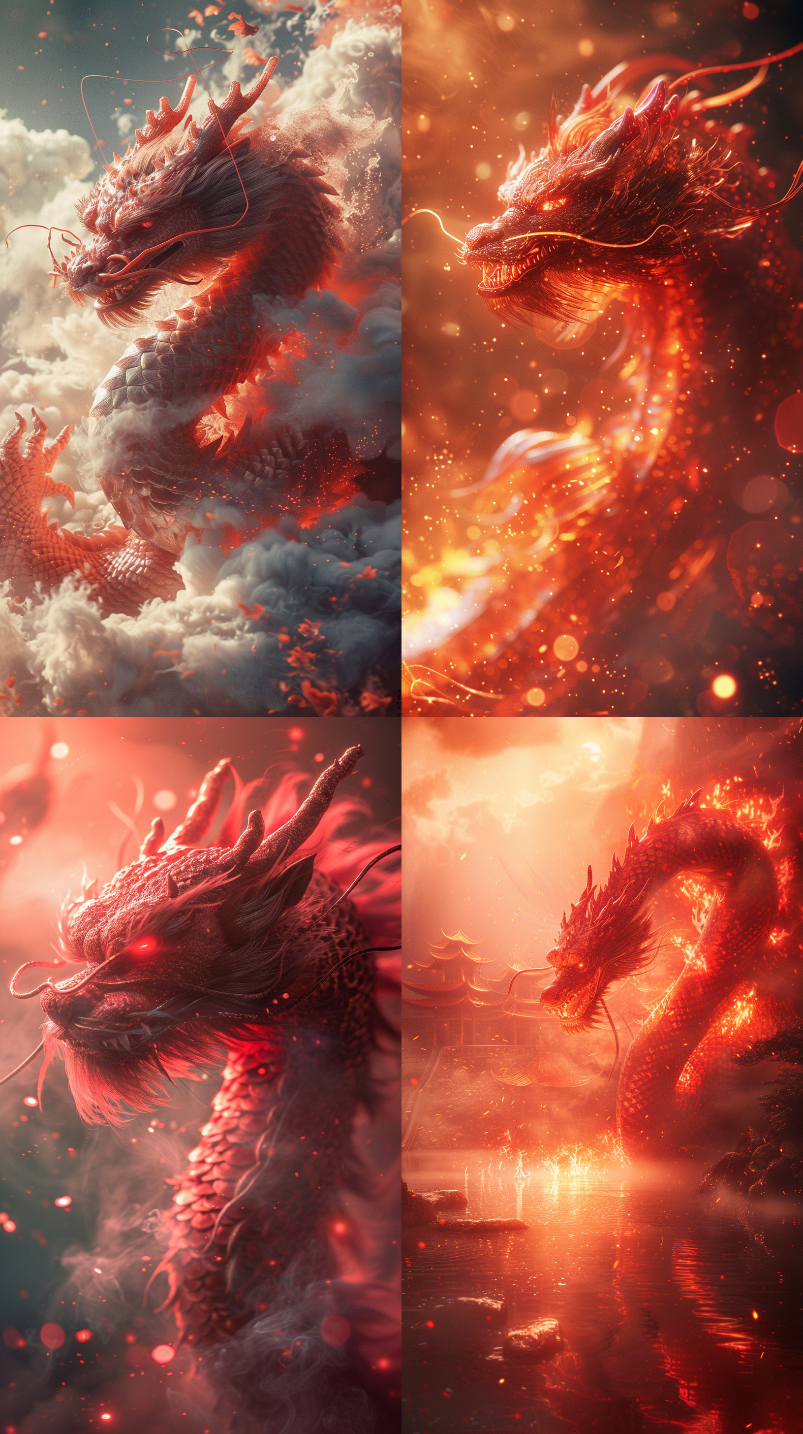 龙年海报，中国龙，红火，喜庆，中国红，红色调，大师构图，柔和光线，神秘，逼真细节，c4d渲染技术，新年氛围