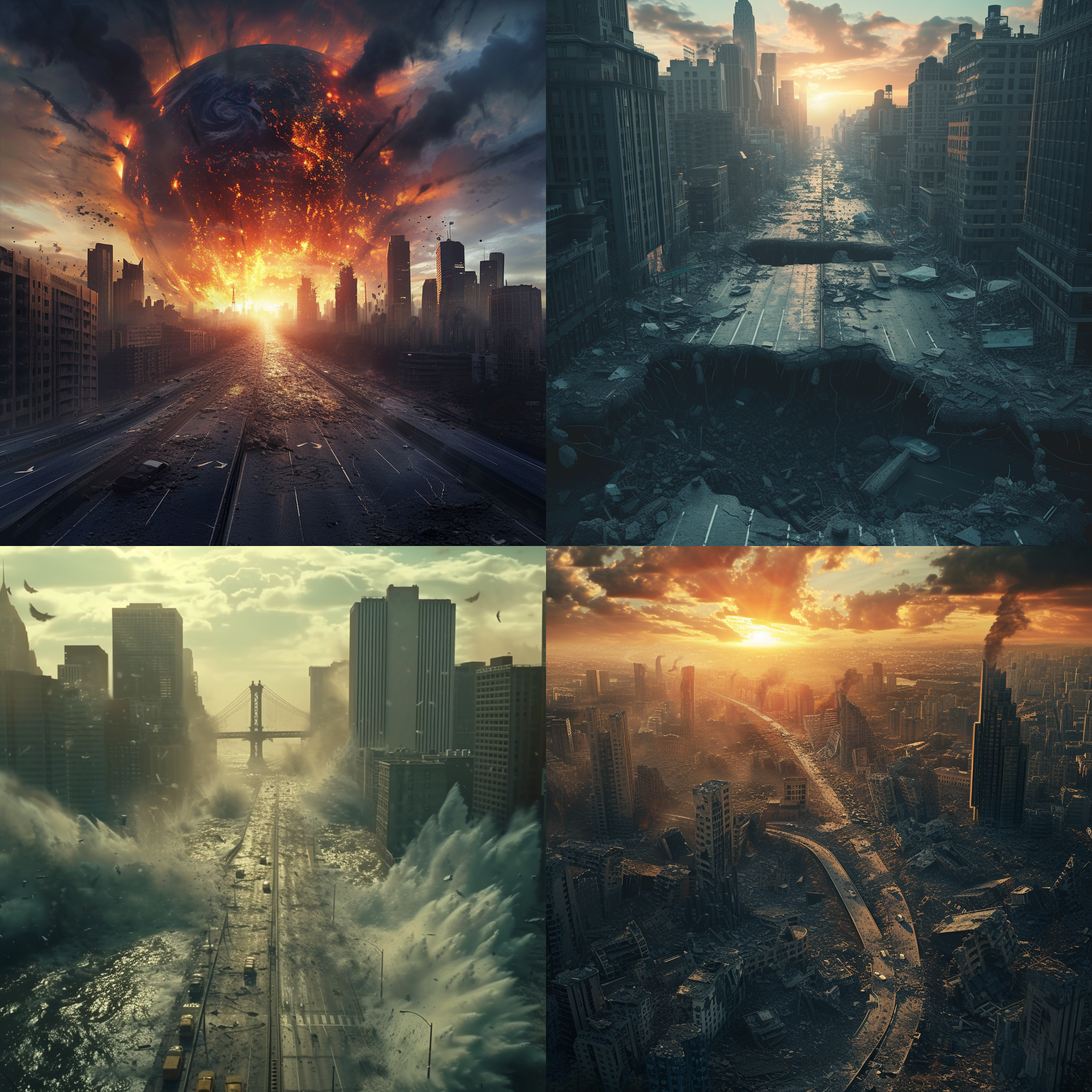 地球发生世界末日，城市发生特大地震，道路开裂，大楼倒塌，桥梁坍塌，电影效果