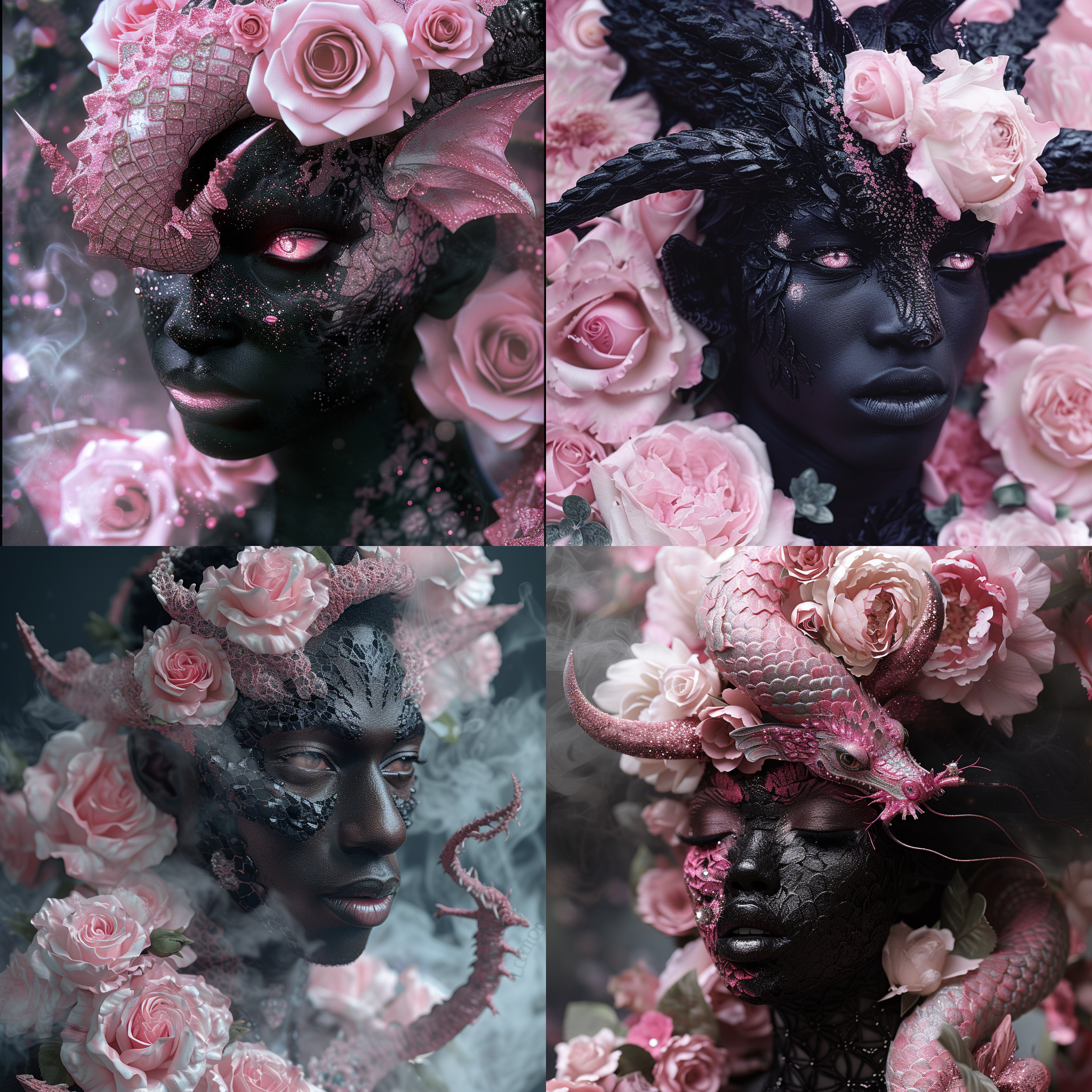 黑色皮肤，身体上点缀粉色的鳞片，在浅粉色的玫瑰，黑烟中闪闪发光，闪闪发光光的眼睛和粉红色的龙须龙角，大多浅粉色的玫瑰花，精致的构图，现实主义，电影质感，模糊前景，梦幻般的质感