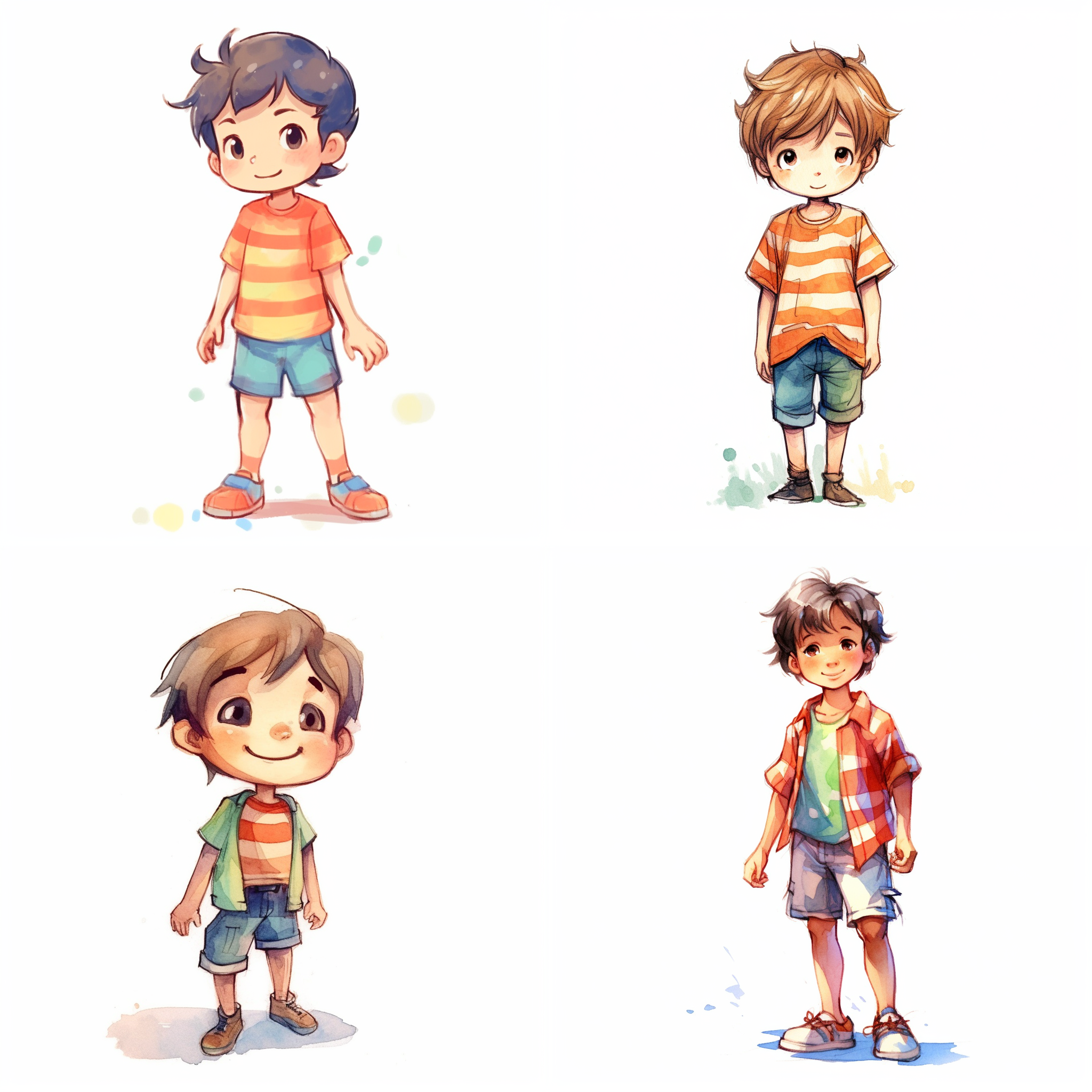 简笔画小男孩，白色背景，线条简洁，明快的颜色，轻松活泼，童真可爱，温馨感。