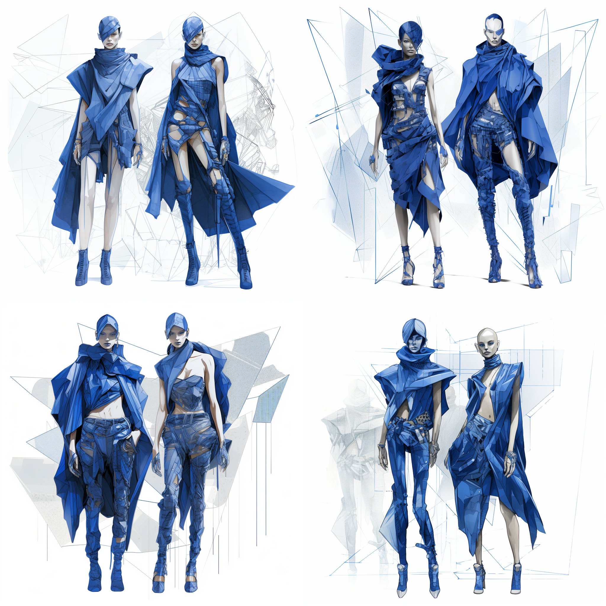 全身时尚渲染，手绘服装 渲染，解构，酷炫的中国外星人模特穿着超大的剪影 不对称设计的服装，外星人模特，服装里嵌着怪异 个性化元素，蓝光金属配件 佩戴，正面视觉效果，细节展示，辅助线，青色配色方案，彩色铅笔素描，白色干净背景iw 2s 250v 6.0