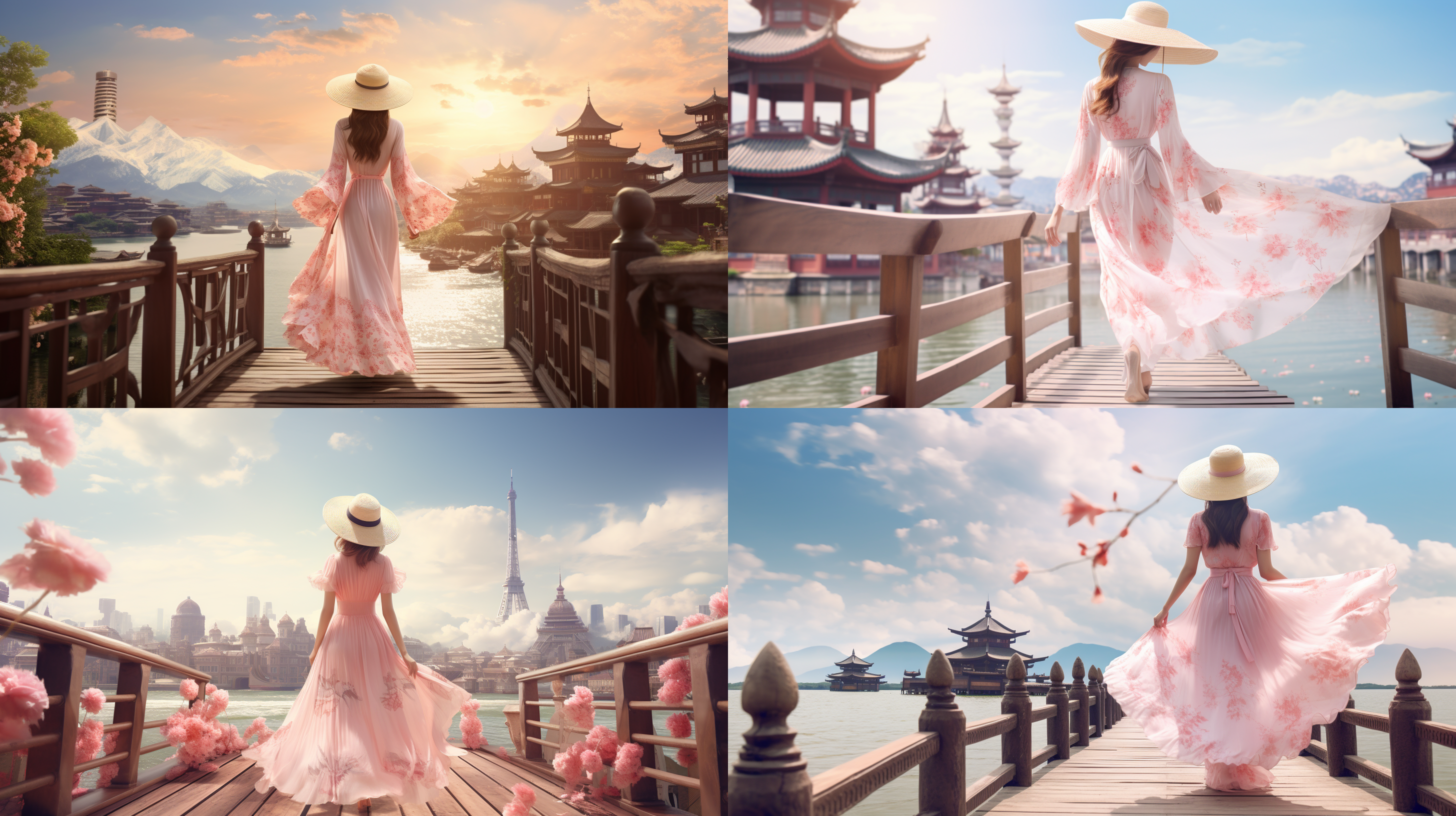 8k画质，中国绝色美景，全身照，粉色碎白花大翻领透视连衣裙，粉色编织遮阳帽，手持江南风格遮阳伞，站在木板桥上，海浪拍打，立体五官，长腿美女，阳光明媚，苗条身材，沙滩，长筒袜，高跟鞋，海浪翻涌，远处城市建筑，3d迪士尼动漫风格，饱和度高，色彩丰富。