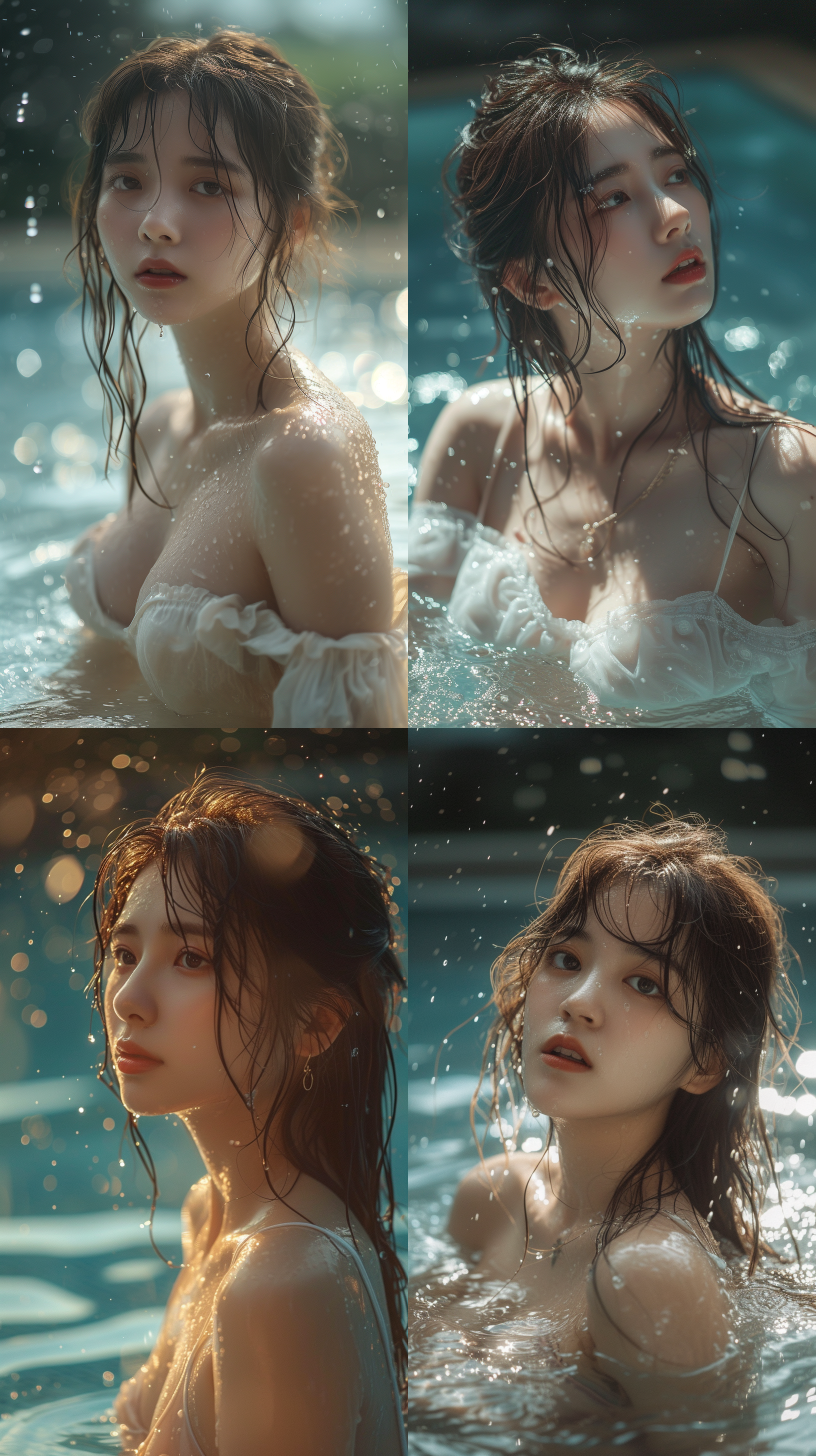 中国气质女生写真，泳池边坐姿，全身湿漉漉，眼神注视水面，波光粼粼。闲适气质。大师级摄影镜头，大师级摄影角度，全身照，电影感。大光圈，背景虚化，色彩饱和，柔和侧光，优雅动作，自然表情。