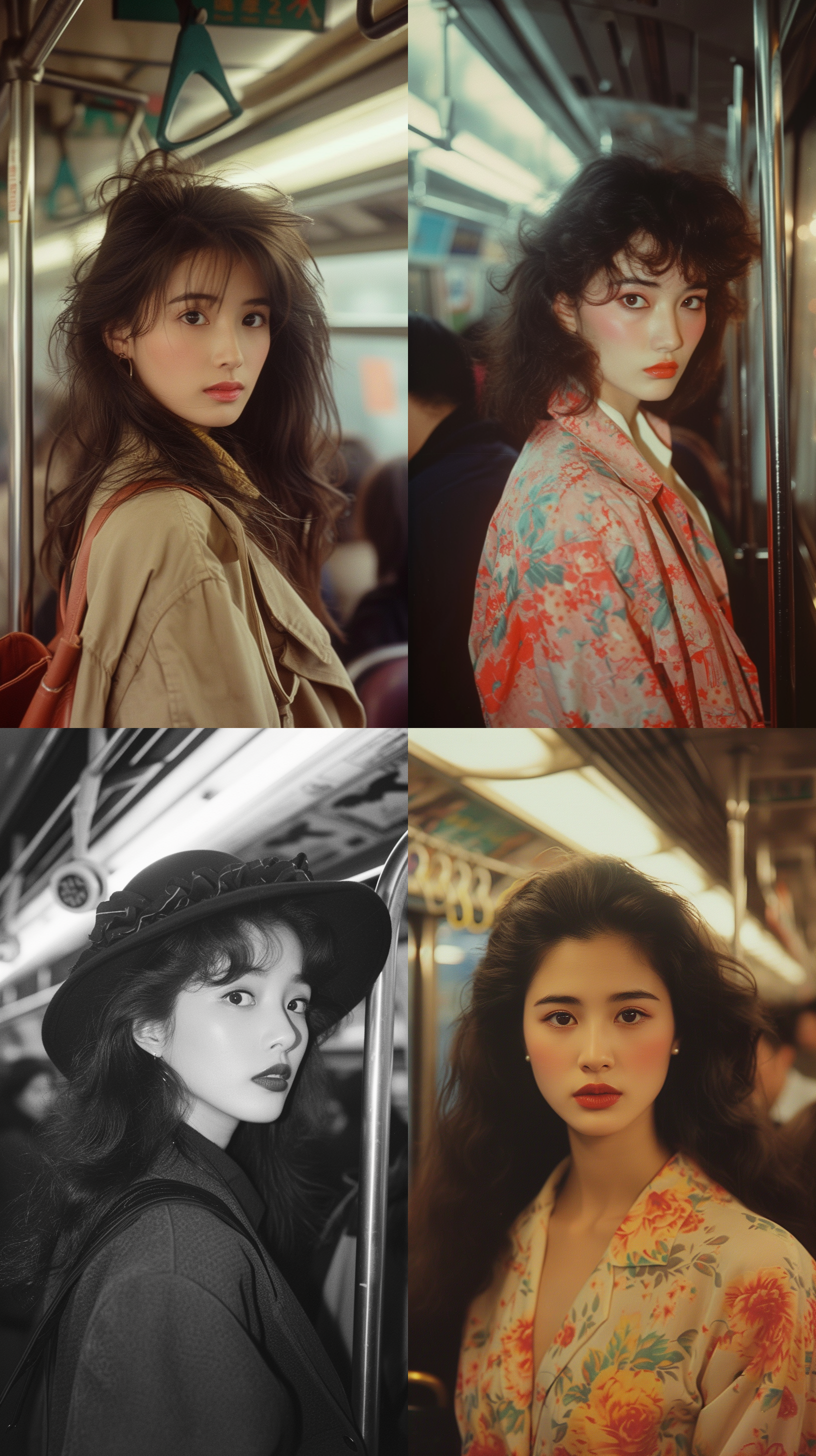 90年代香港女明星在拥挤的火车上，形成了高密度的拥挤镜头中，她身着时尚服装，与人群中的脱颖而出。明亮的照明照亮了她的面容，喧嚣的背景声造成了恐慌拥挤感与稀疏感相互交织，呈现出一种独特的紧张情绪。时代感浓郁，充满活力，充满年代感，王家卫摄影风格。拥挤，明亮照明，时尚服装，恐慌，年代感，紧张情绪，活力，王家卫风格。