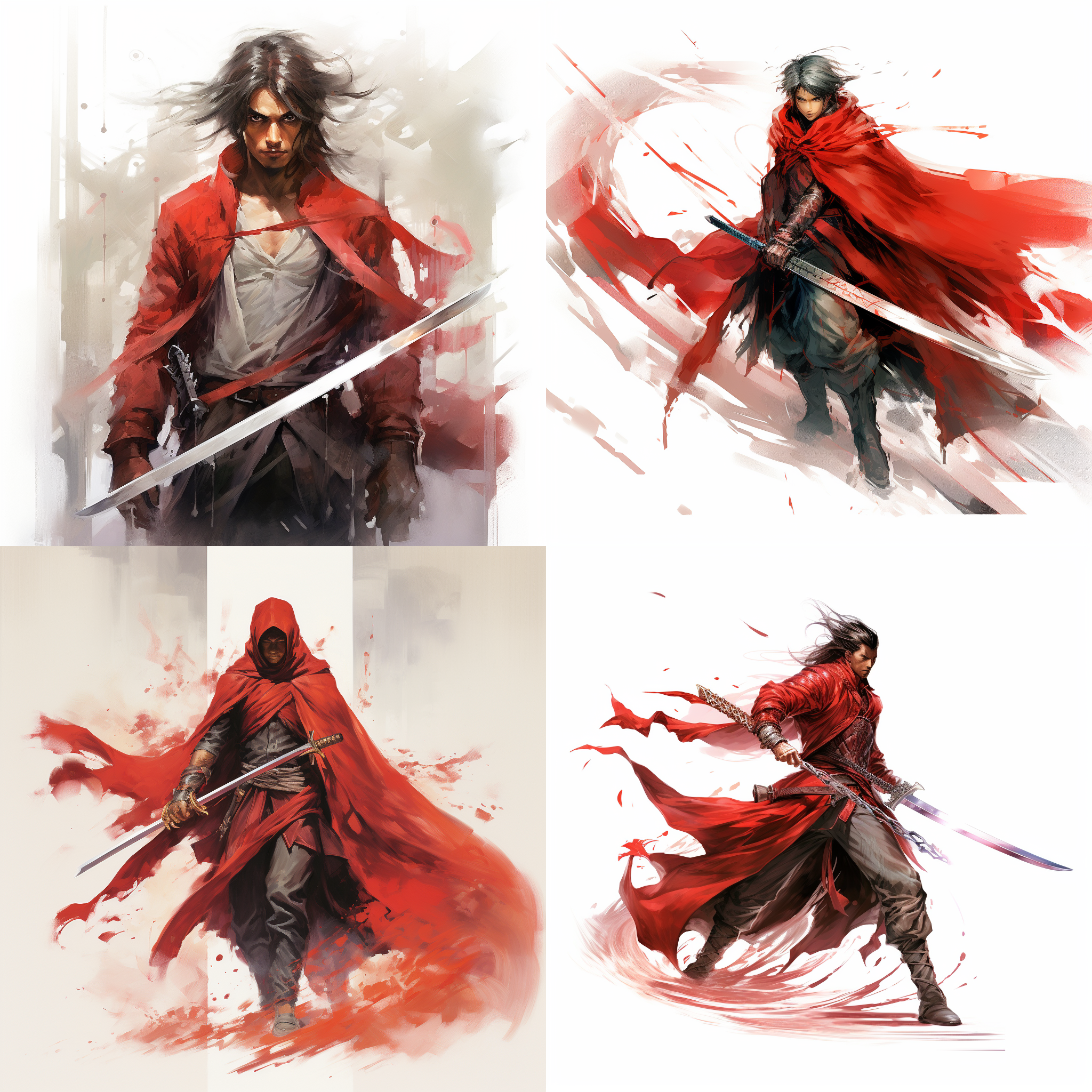 拔剑的侠士，正面，有剑气，带着红色长围巾
