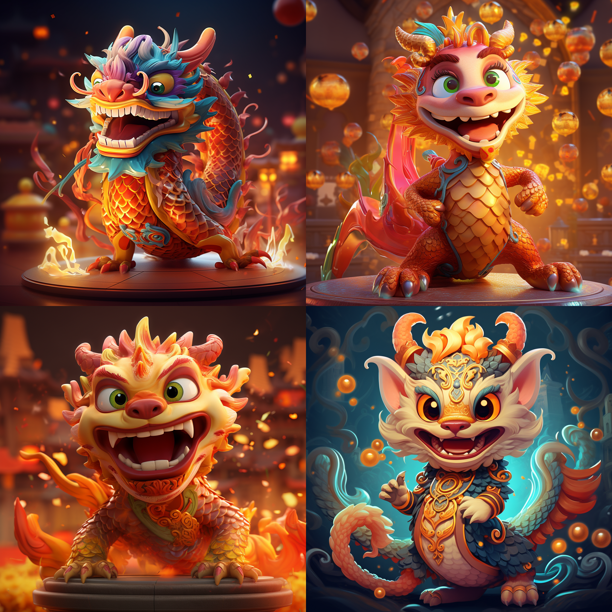 龙年卡通人物，色彩饱和，暖色调，喜庆氛围，中国年味浓厚，中国龙元素，光线明亮，中长焦距镜头，动态姿势，欢快活泼，传递喜庆与祝福。